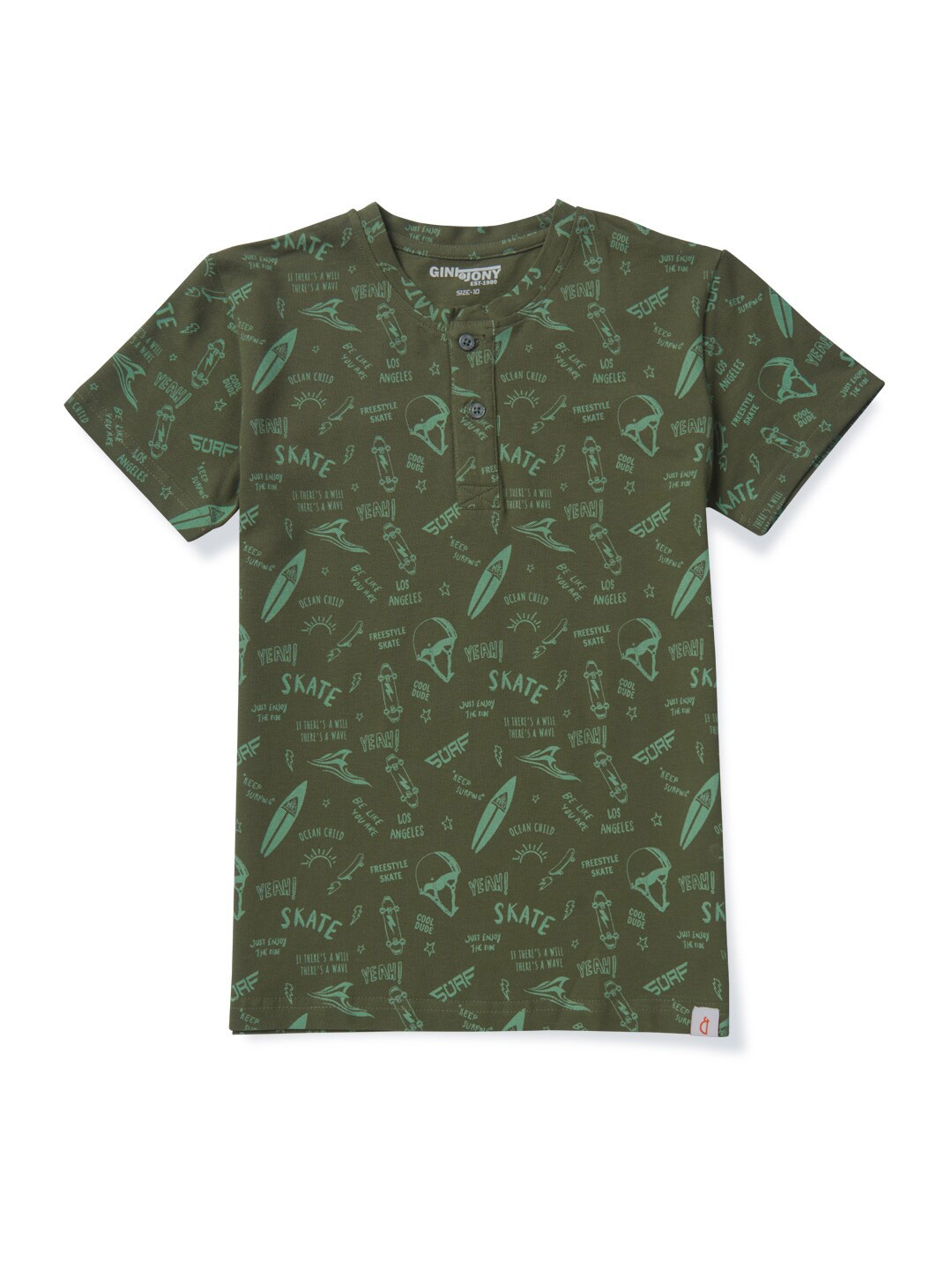 

Gini and Jony Boys Olive Green Printed Henley Neck T-shirt