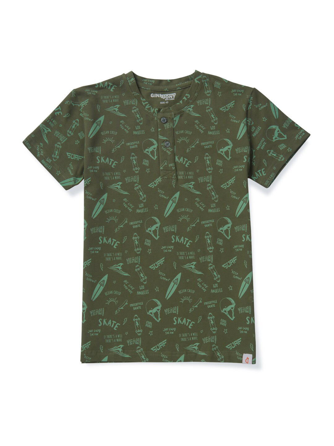 

Gini and Jony Boys Cotton Printed Henley Neck T-shirt, Olive