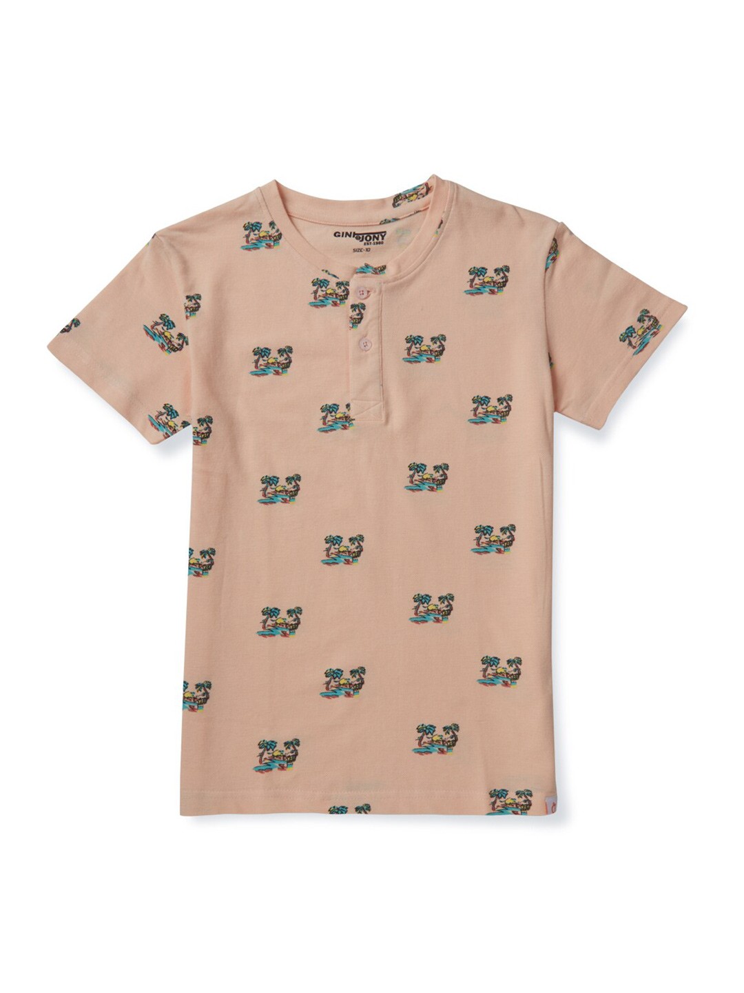 

Gini and Jony Boys Printed Mandarin Collar Cotton T-shirt, Peach