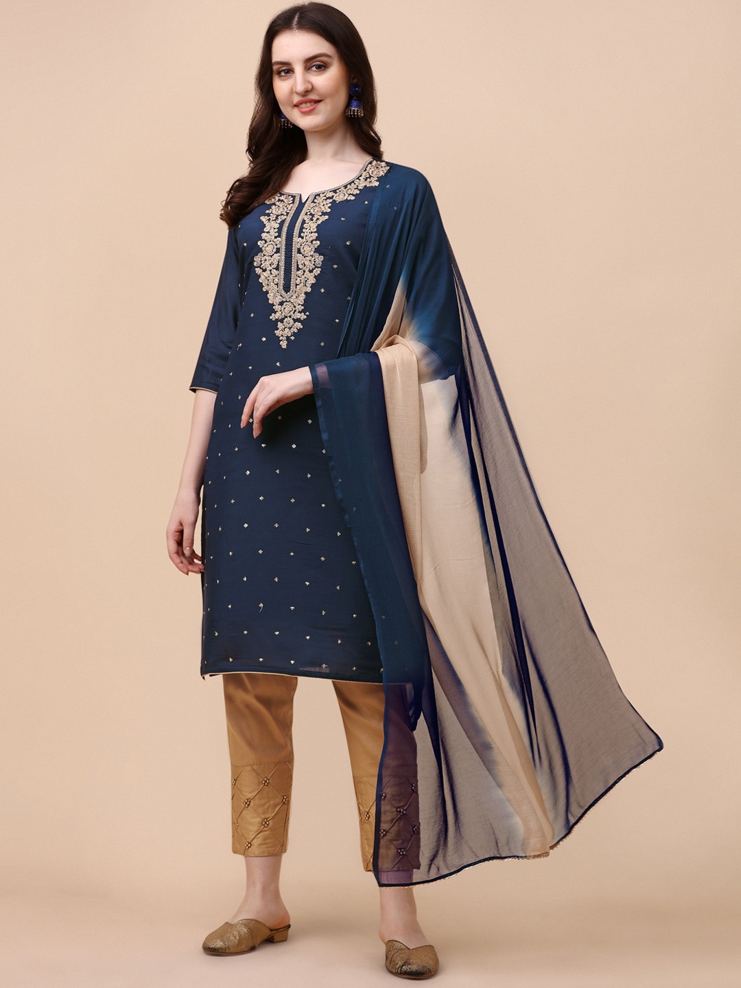 

Berrylicious Women Ethnic Motifs Embroidered Chanderi Cotton Kurta with Trousers & Dupatta, Navy blue