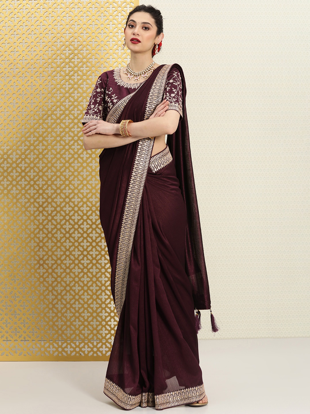 

House of Pataudi Burgundy & Gold-Toned Sequinned Silk Blend Saree