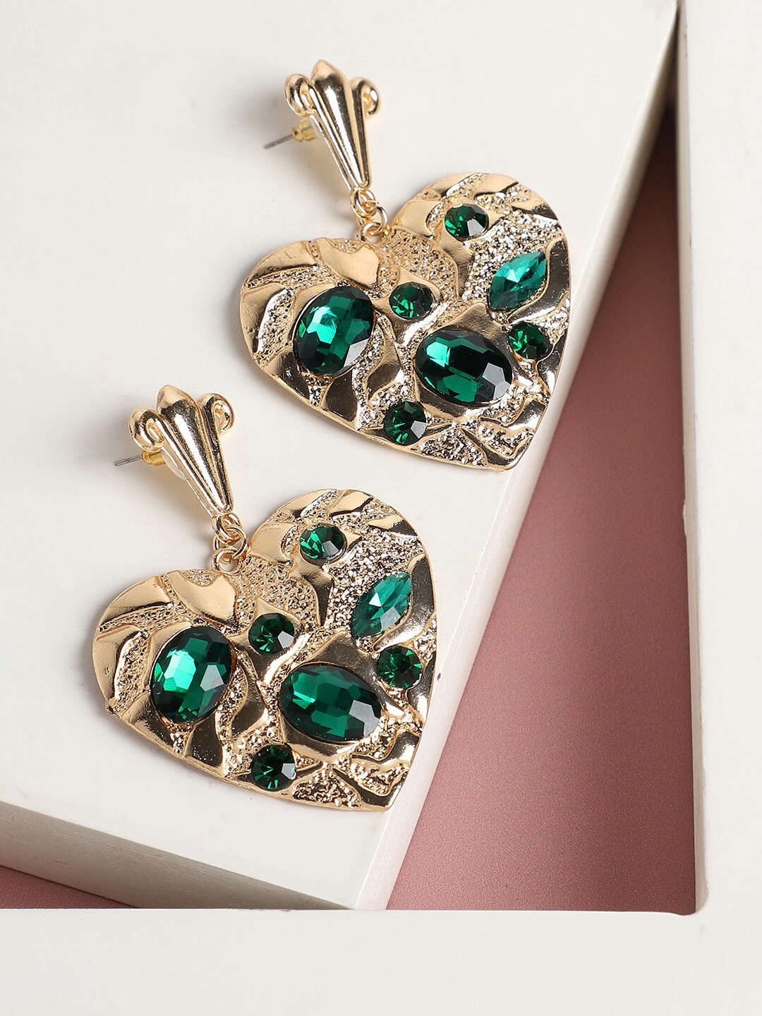 

SOHI Women Gold Plated Heart Shaped Drop Earrings, Green