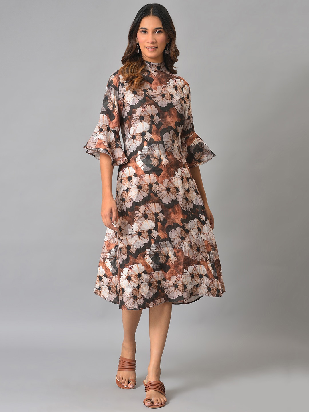 

W Floral A-Line Midi Cotton Dress, Brown