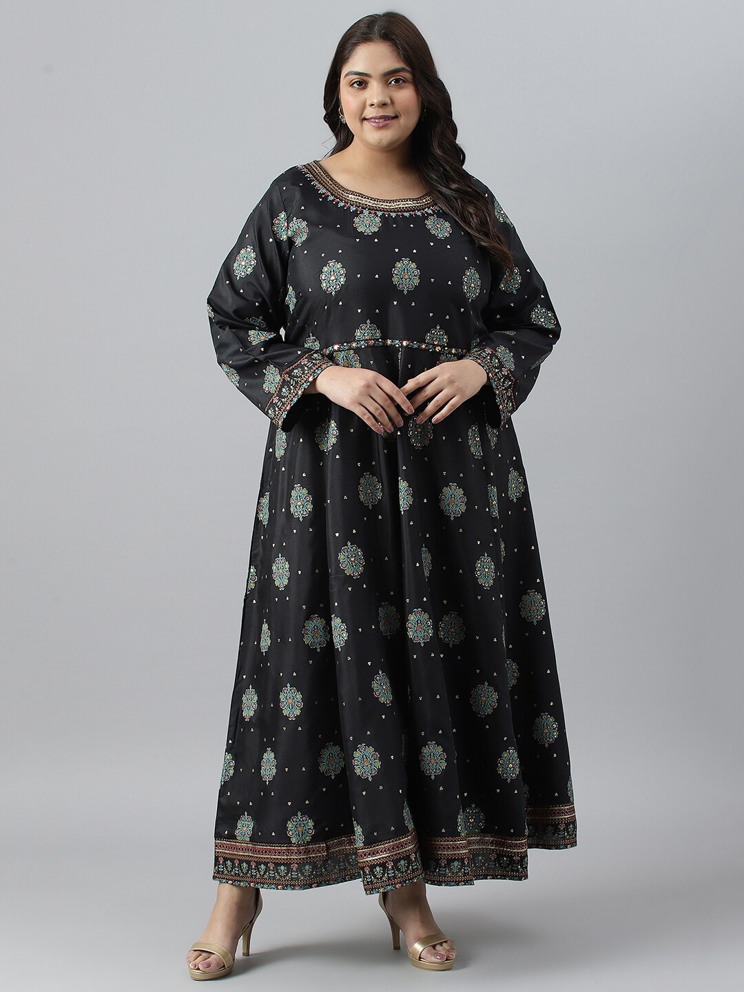 W Plus Size Ethnic Motifs Printed Maxi Ethnic Dress, Black