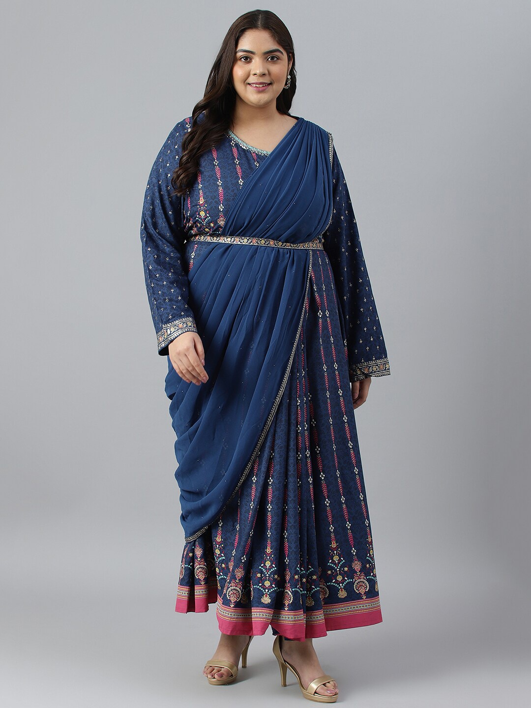 

W Plus Size Ethnic Motifs Printed Round Neck Maxi Ethnic Dress, Blue
