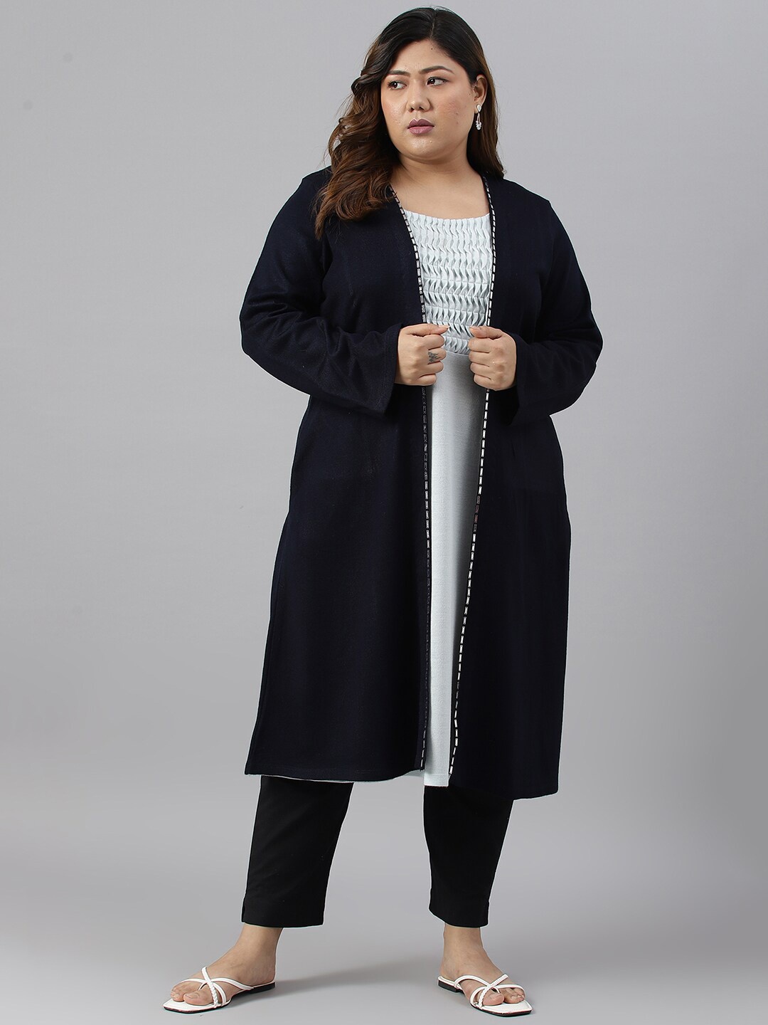 

W Women Plus Size Yoke Design Acrylic Kurta With Jacket, Blue