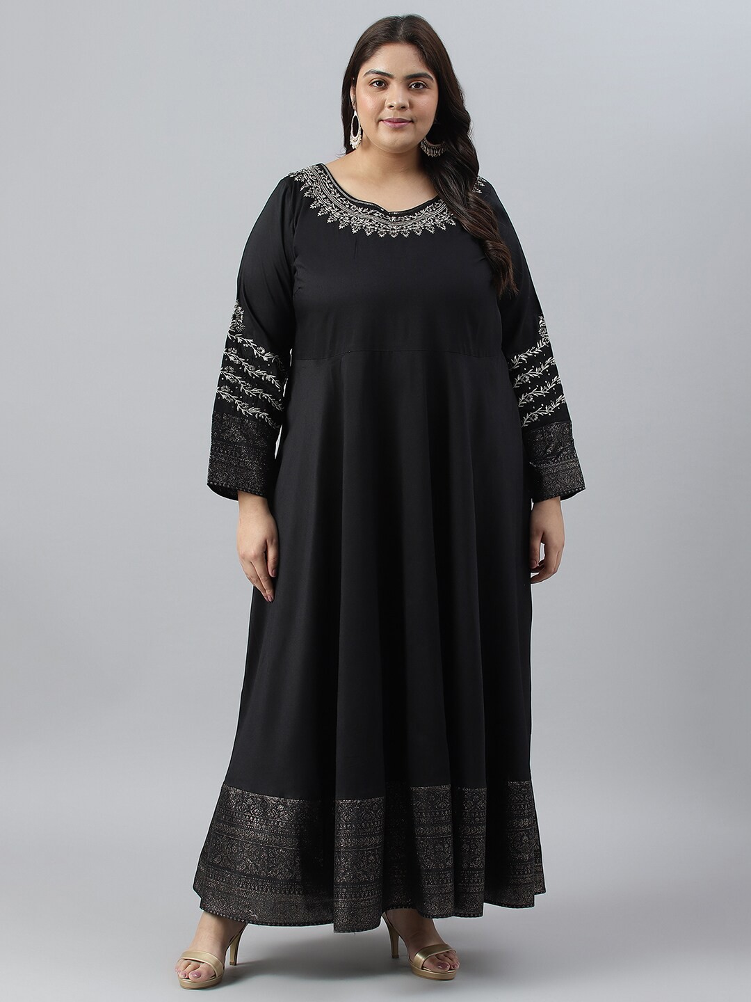 

W Plus Size Floral Embroidered Ethnic Maxi Dress, Black