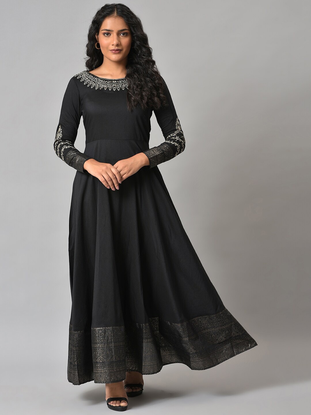 

W Ethnic Motifs Embroidered Maxi Ethnic Dress, Black