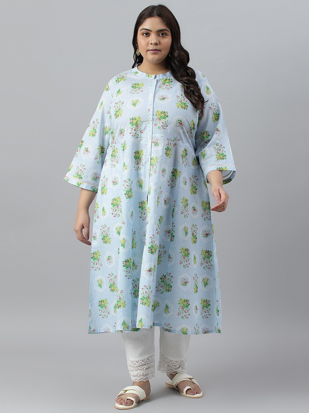 

W Women Plus Size Floral Printed Band Collar Cotton Kurta, Blue