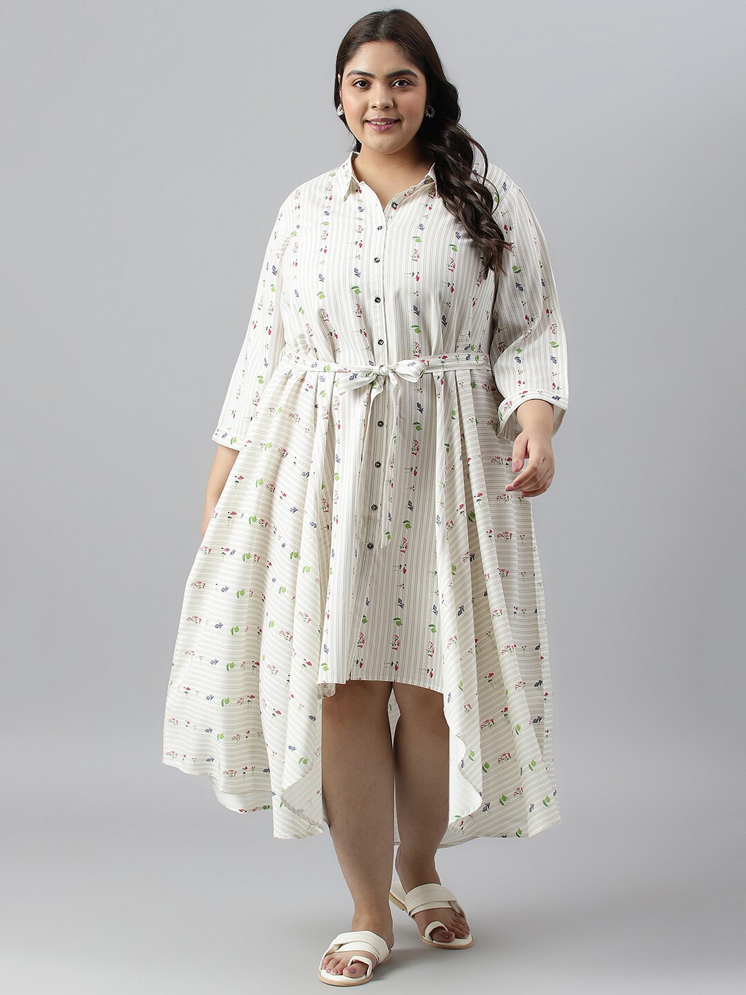 

W Floral Printed A-Line Plus Size Midi Dress, White