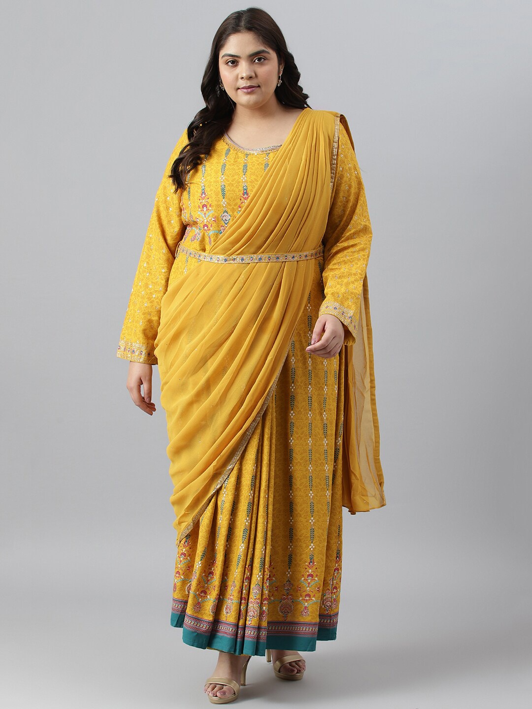 W Ethnic Motifs Ethnic Printed Plus Size Maxi Ethnic Dress With Dupatta, Yellow