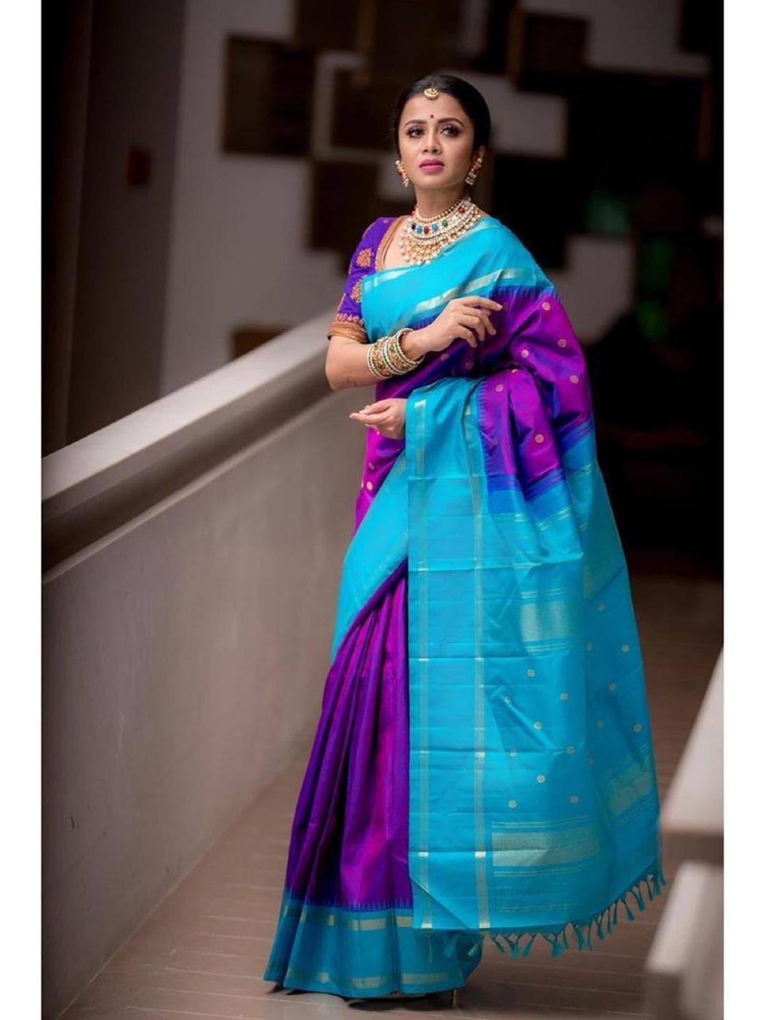 

TIEXA Purple & Blue Woven Design Zari Pure Silk Banarasi Saree