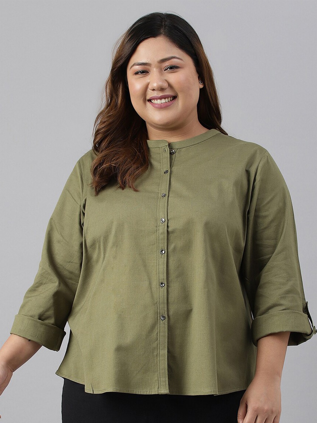 

W Women Plus Size Mandarin Collar Roll-Up Sleeves Shirt Style Top, Olive