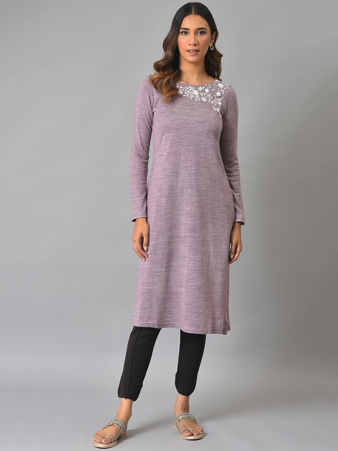 

W Floral Embroidered Acrylic Thread Work Floral Kurta, Lavender