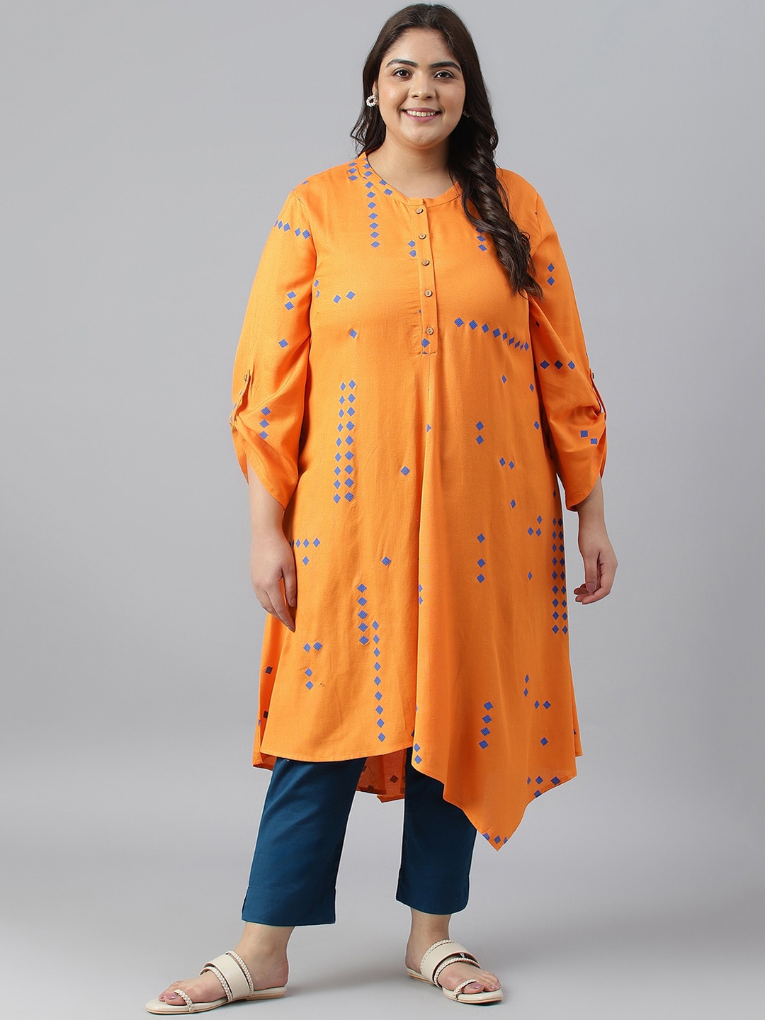 

W Plus Size Geometric Printed Kurta, Orange