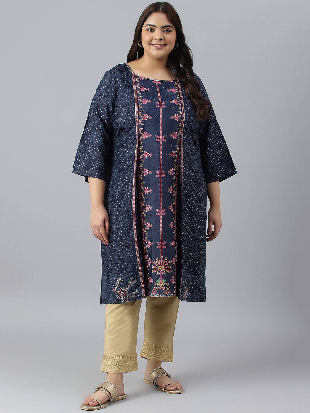 

W Ethnic Motifs Embroidered Flared Sleeves Thread Work Kurta, Blue