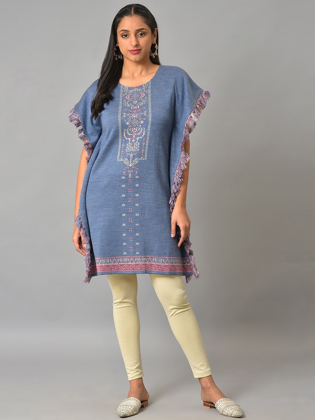 

W Ethnic Motifs Printed Flared Sleeves Thread Work Kaftan Kurta, Blue