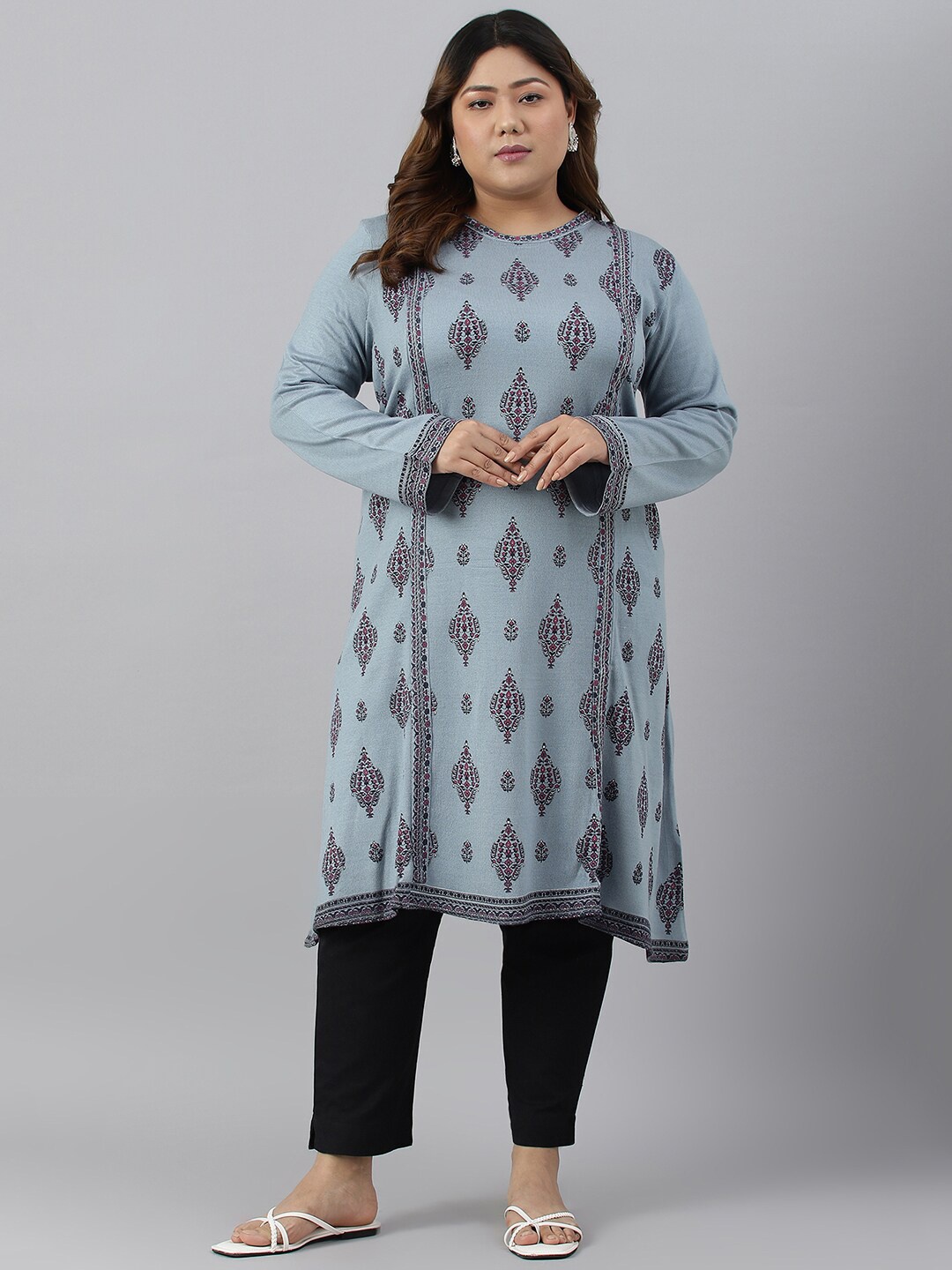 W Plus Size Ethnic Motifs Printed Kurta, Blue