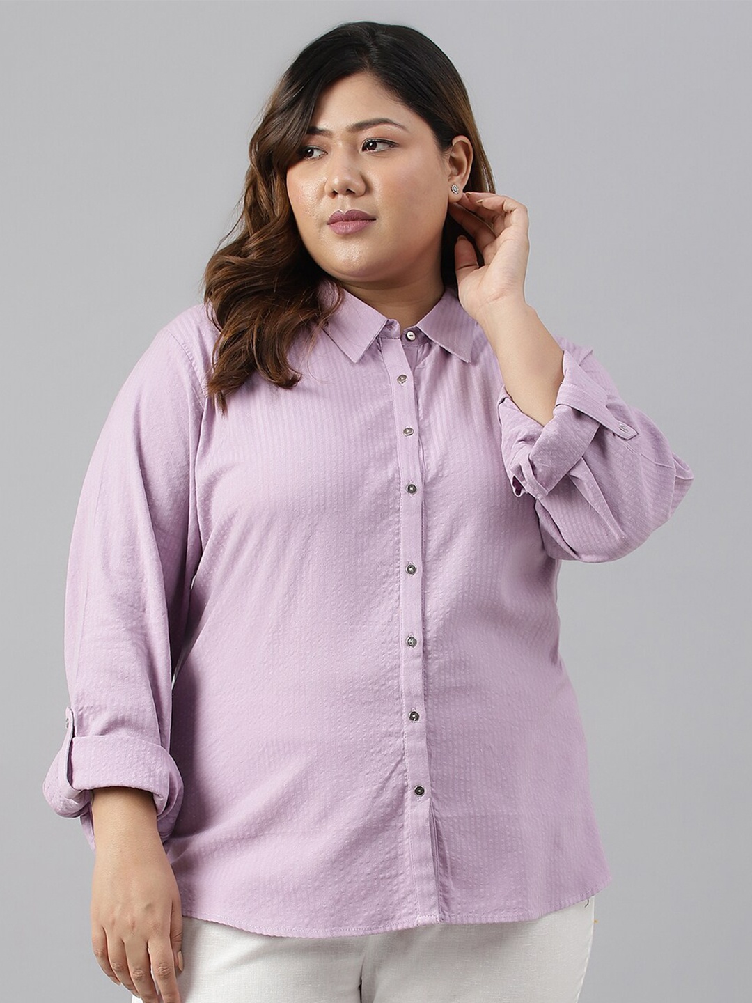

W Women Plus Size Striped Cotton Casual Shirt, Lavender