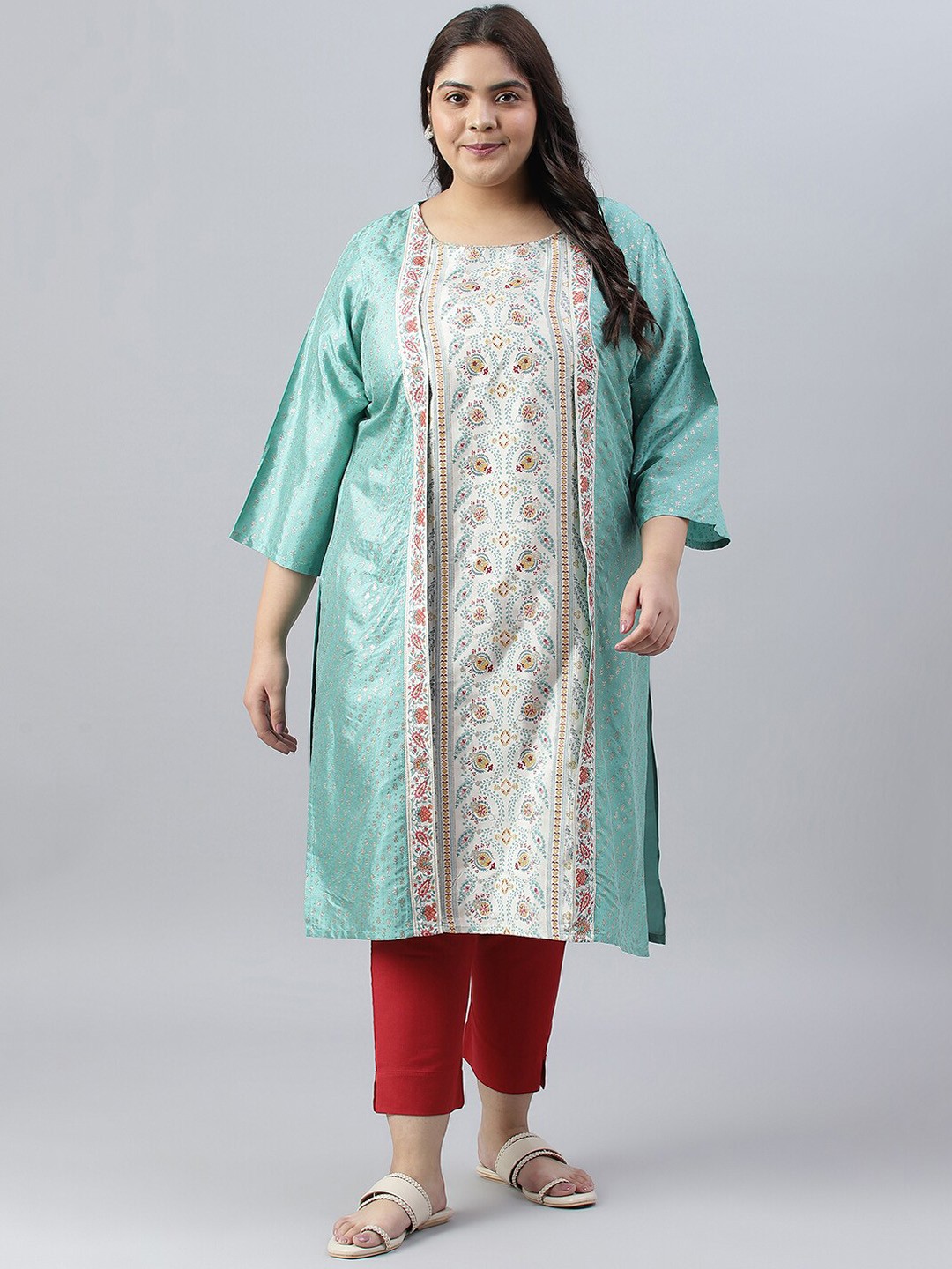 

W Plus Size Ethnic Motifs Printed Flared Sleeves Kurta, Green