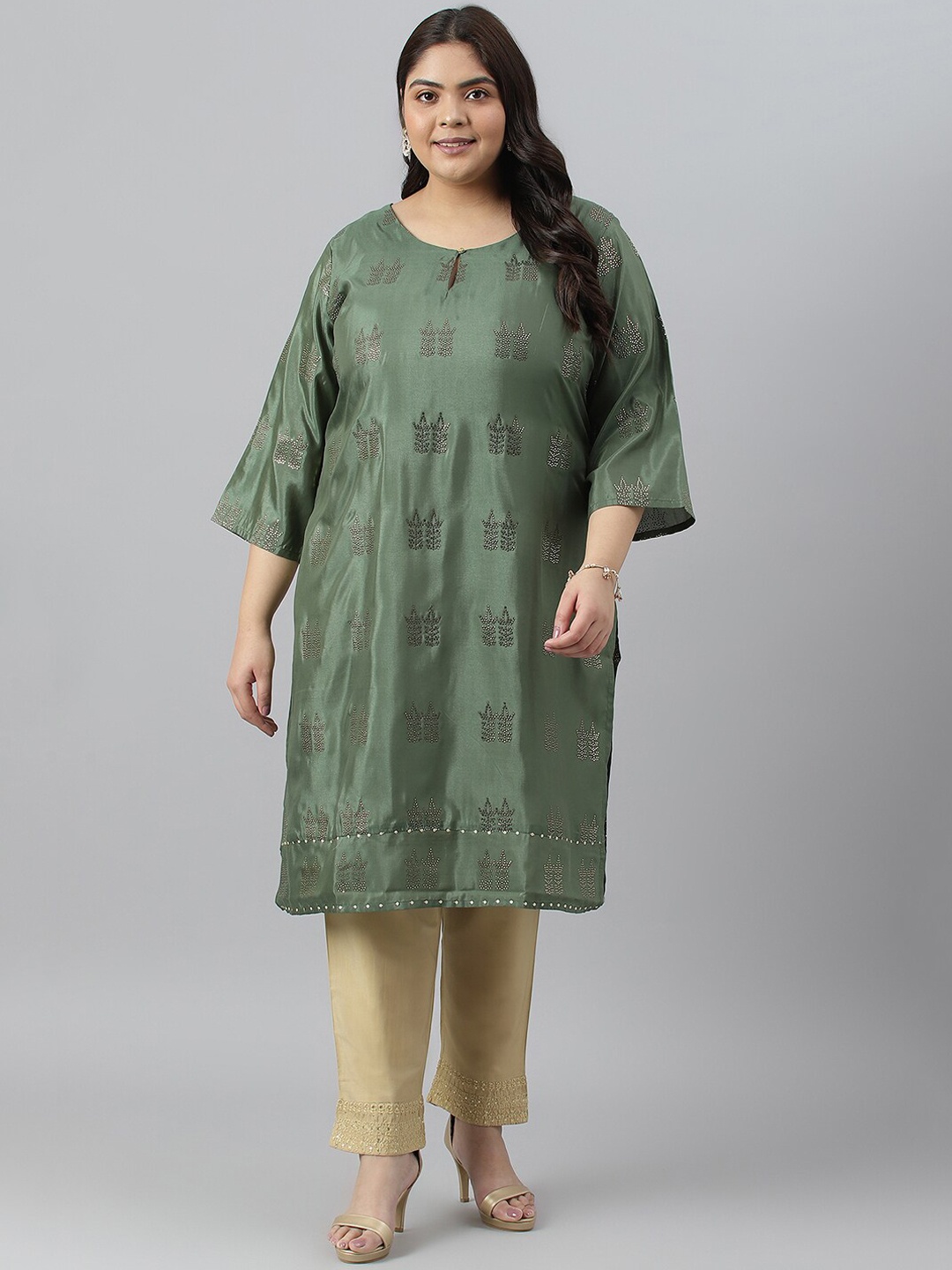 

W Women Plus Size Geometric Printed Keyhole Neck Flared Sleeves Kurta, Green