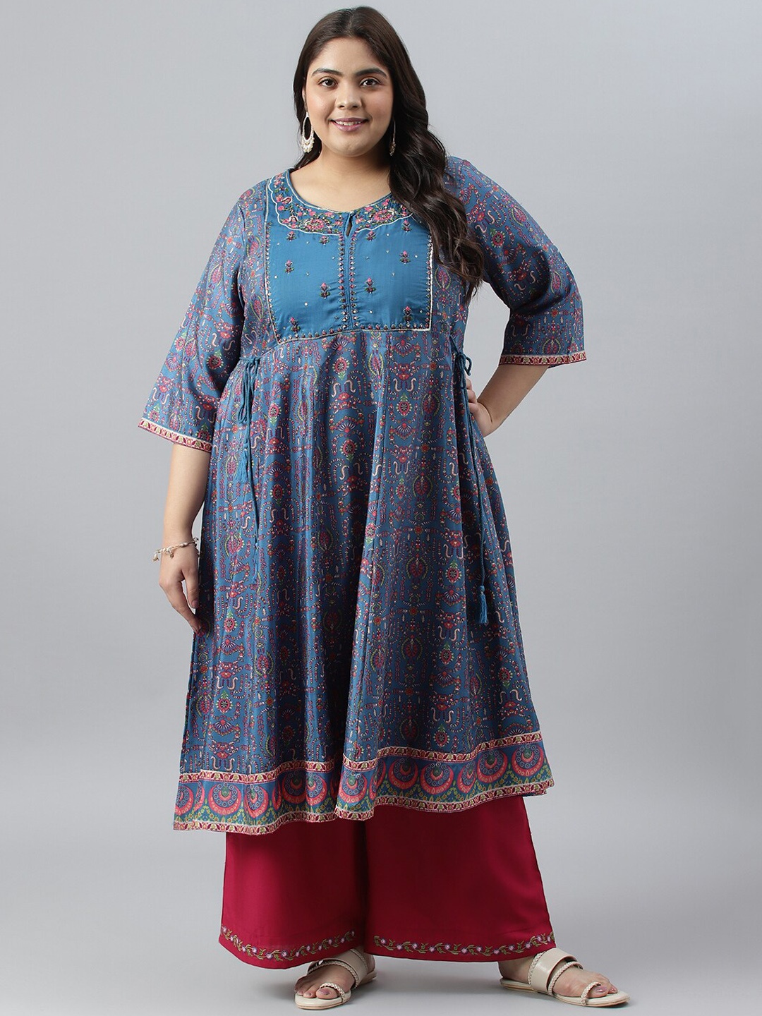 W Women Plus Size Ethnic Motifs Printed Flared Sleeves Anarkali Kurta, Blue