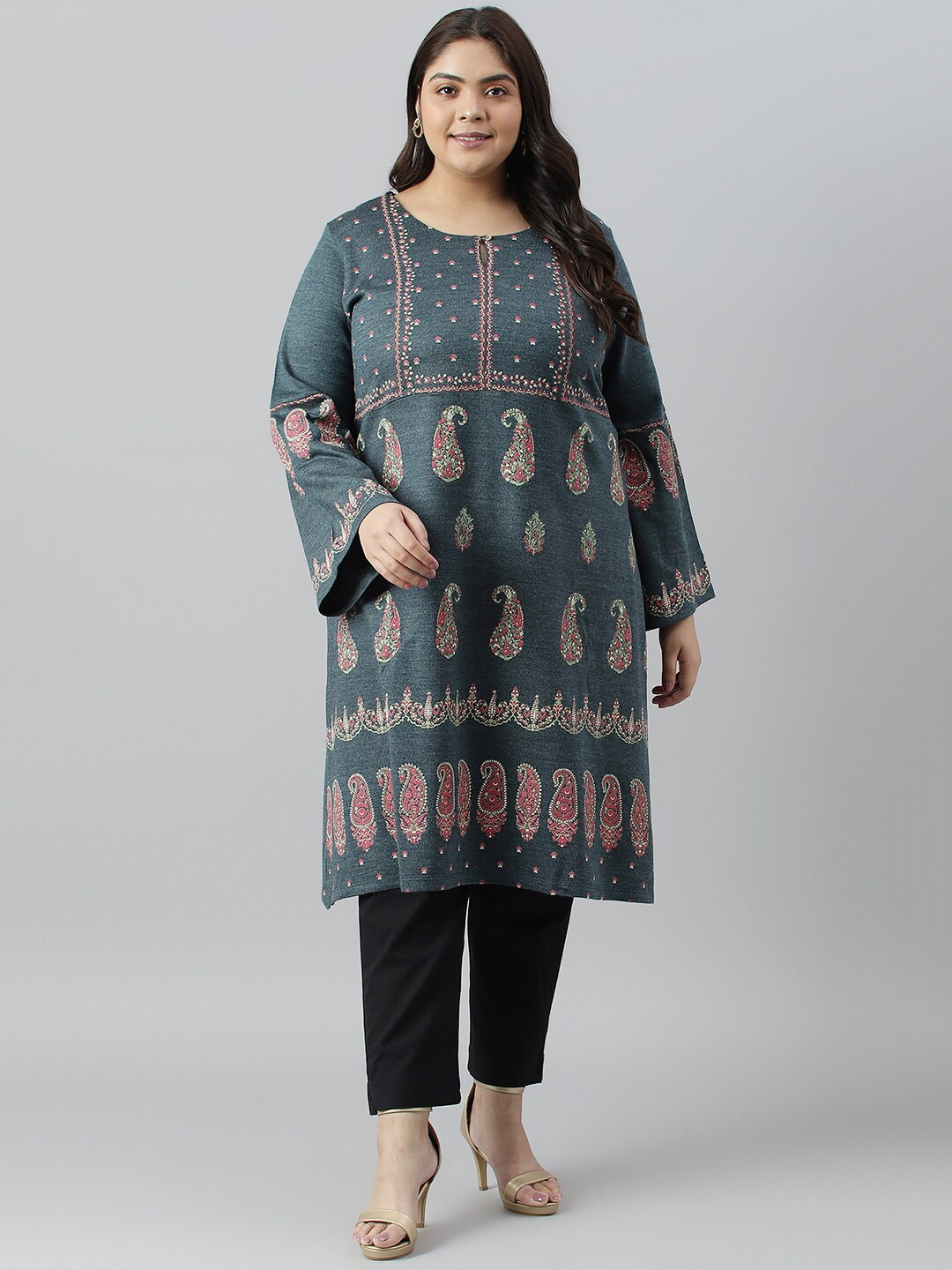 

W Women Plus Size Ethnic Motifs Printed Keyhole Neck Acrylic Kurta, Blue