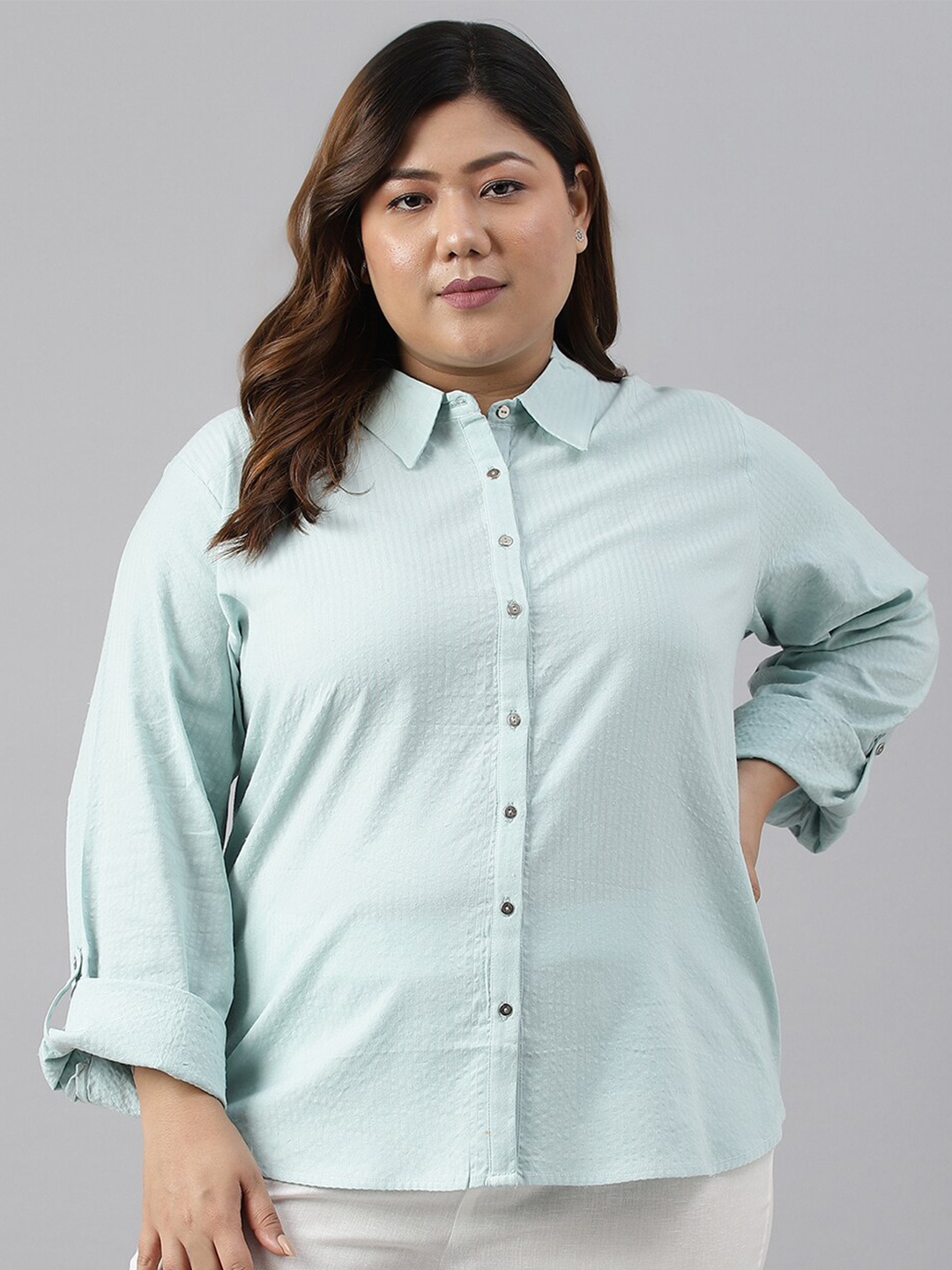 

W Women Plus Size Striped Cotton Casual Shirt, Turquoise blue