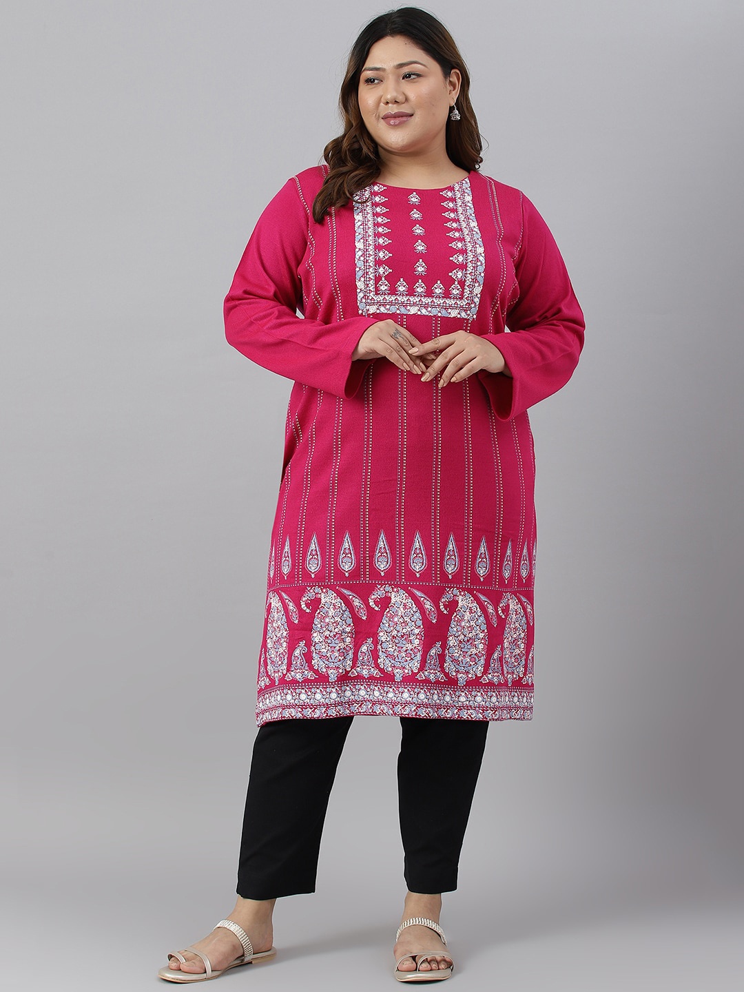 

W Plus Size Round Neck Ethnic Motifs Printed Acrylic Kurta, Fuchsia