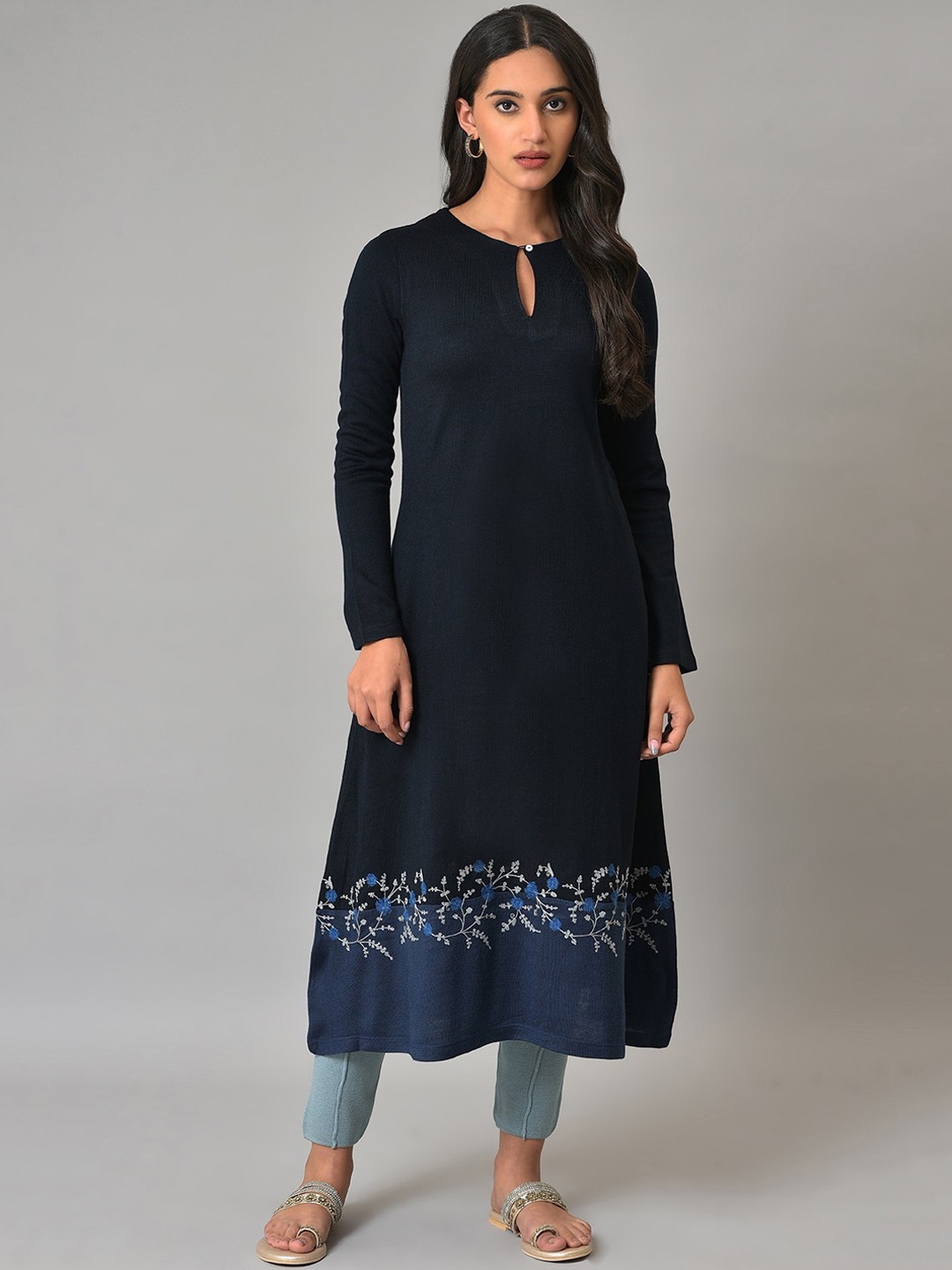

W Women Keyhole Neck Thread Work A-Line Acrylic Kurta, Navy blue