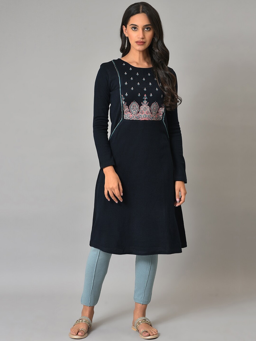 W Square Neck Floral Yoke Design Thread Work Acrylic Kurta, Navy blue
