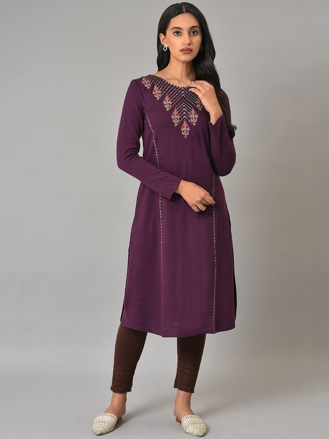 

W Round Neck Floral Yoke Design High Slit Acrylic Kurta, Purple