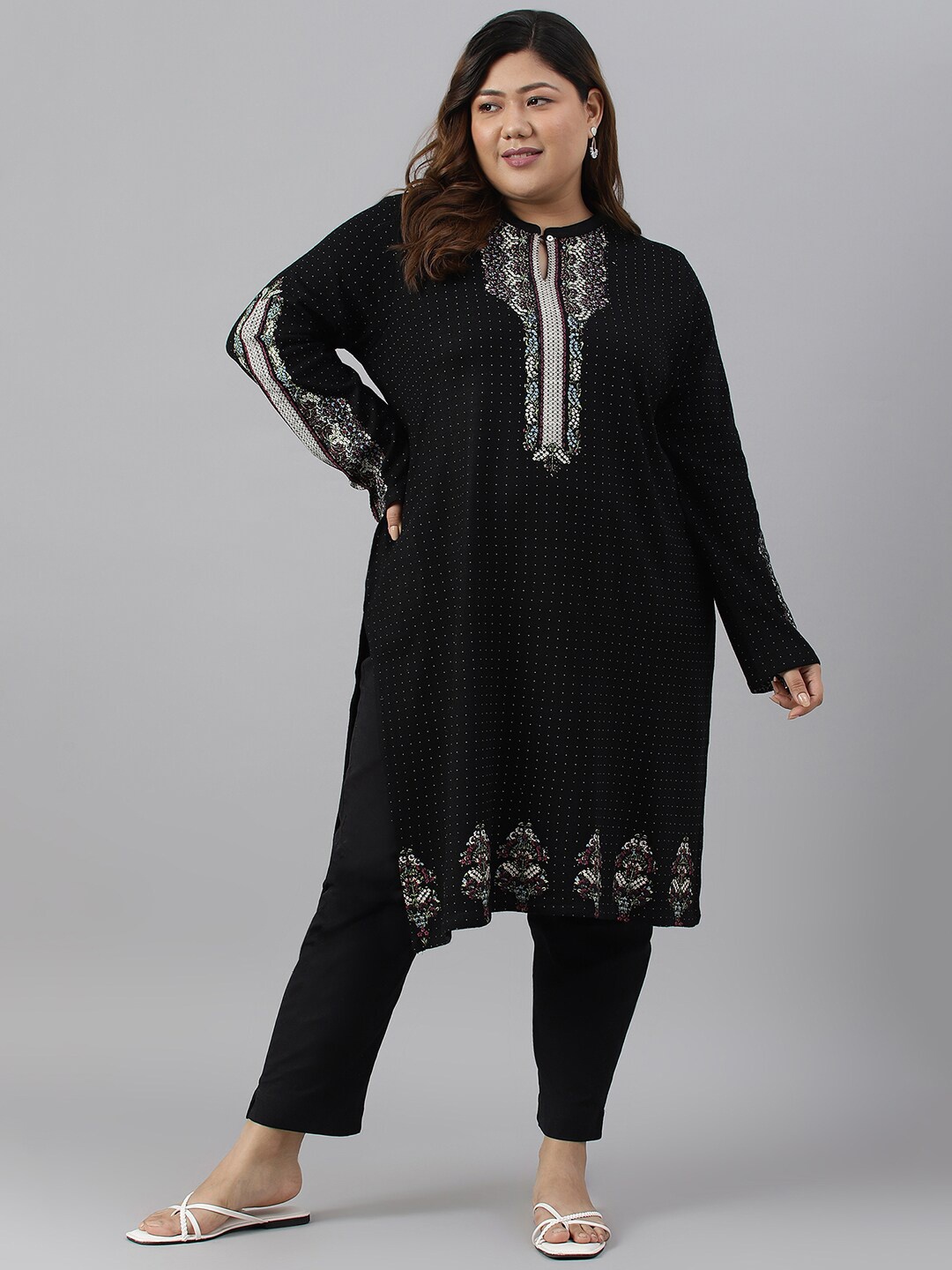 

W Plus Size Woven design Band Collar Acrylic Kurta, Black