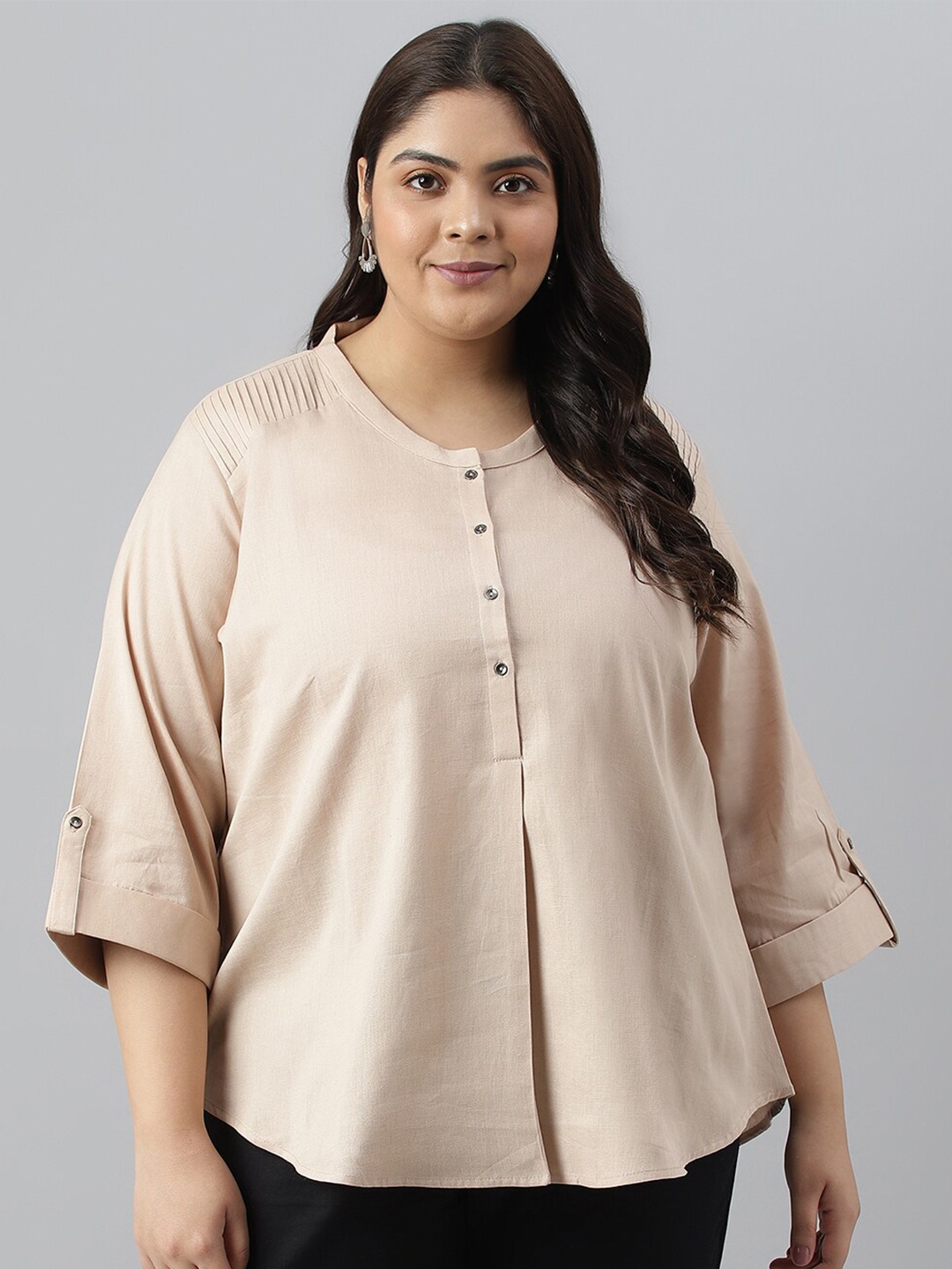 

W Plus Size Cotton Roll-Up Sleeves Shirt Style Top, Beige