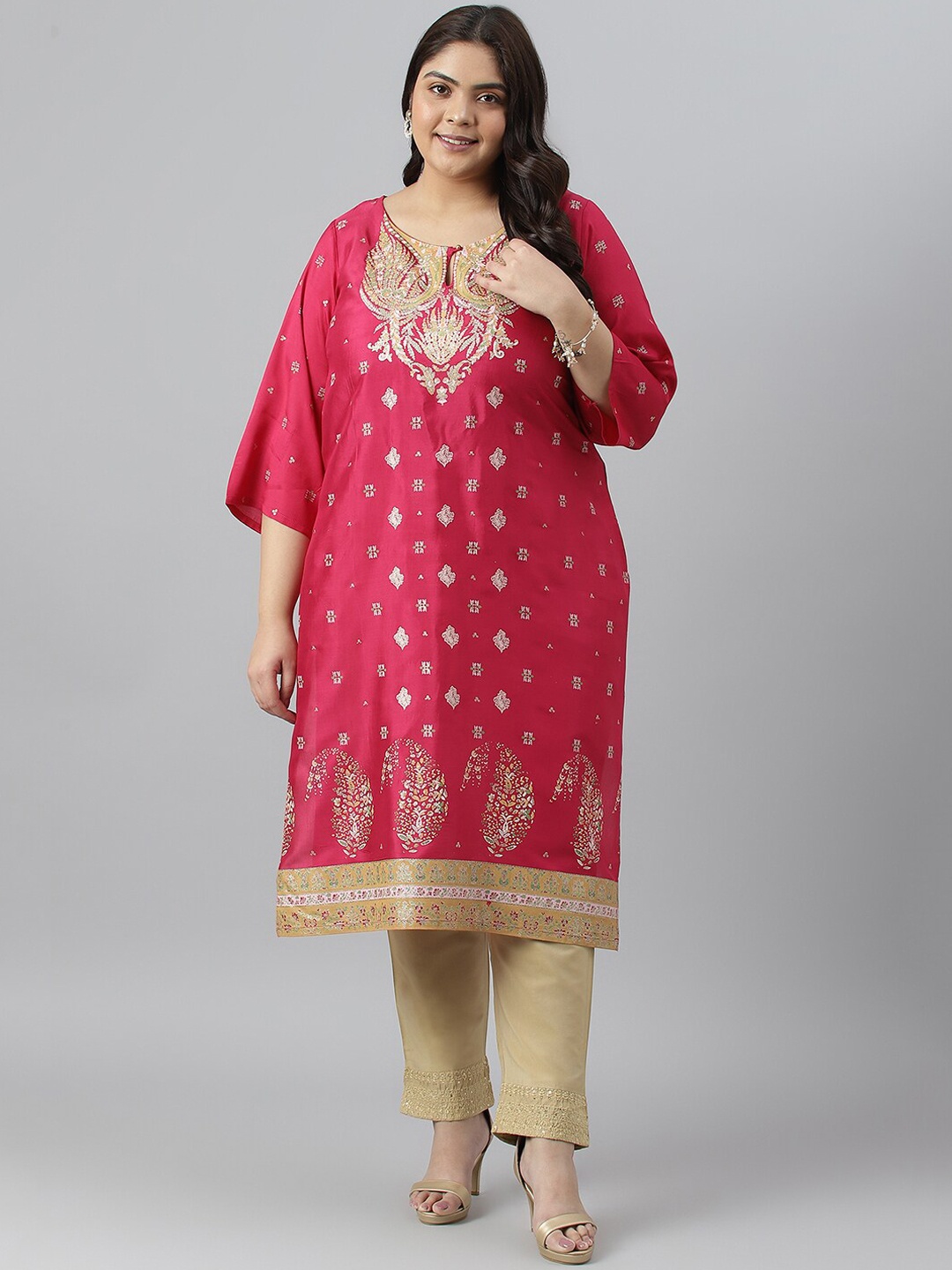 

W Ethnic Motifs Printed Keyhole Neck Kurta, Pink