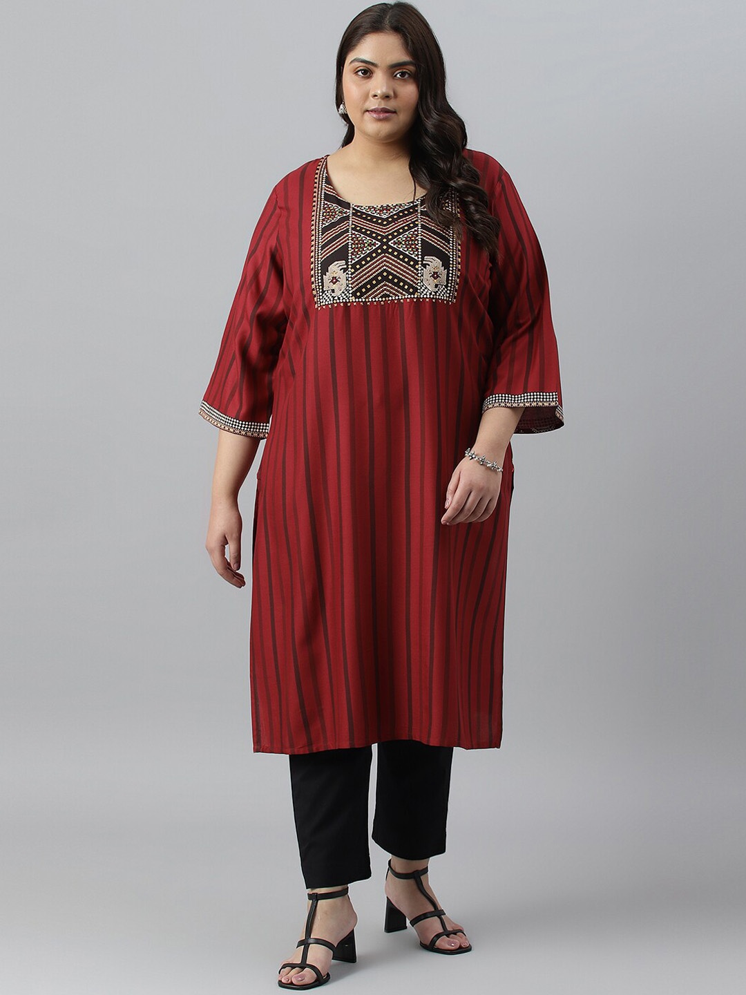 

W Ethnic Motifs Yoke Design Flared Sleeves Kurta, Red