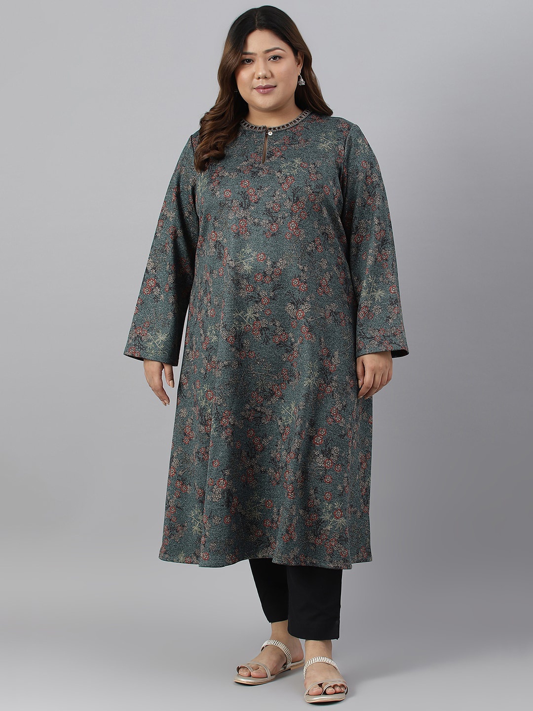 

W Women Plus Size Floral Printed Keyhole Neck Flared Sleeves Kurta, Blue