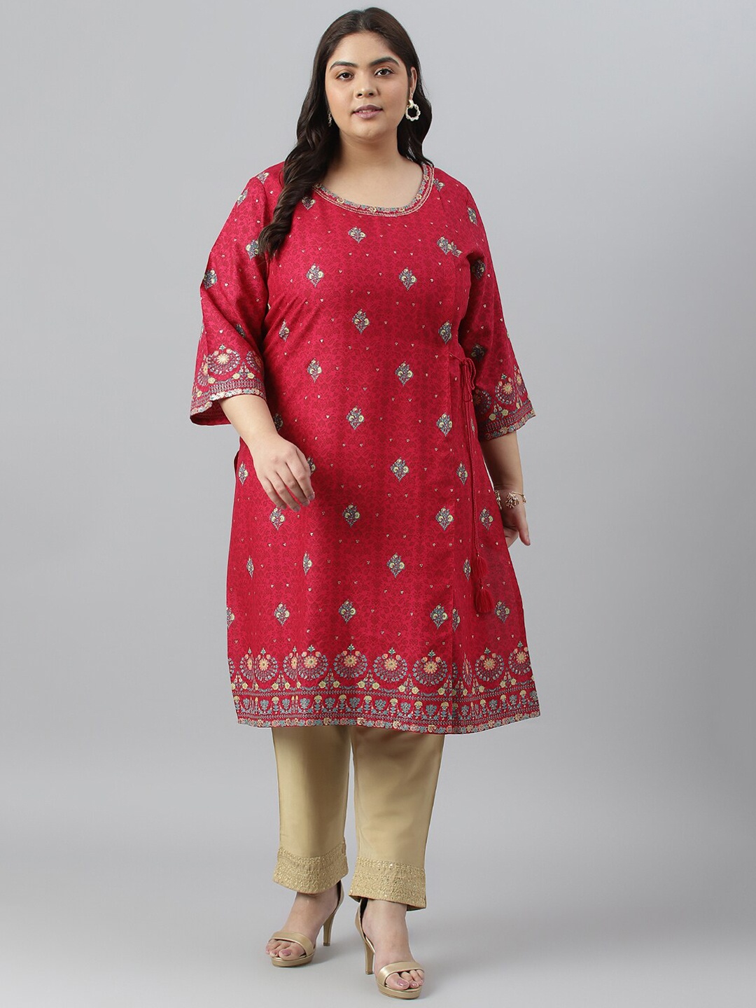 

W Plus Size Ethnic Motifs Printed Flared Sleeves Kurta, Fuchsia