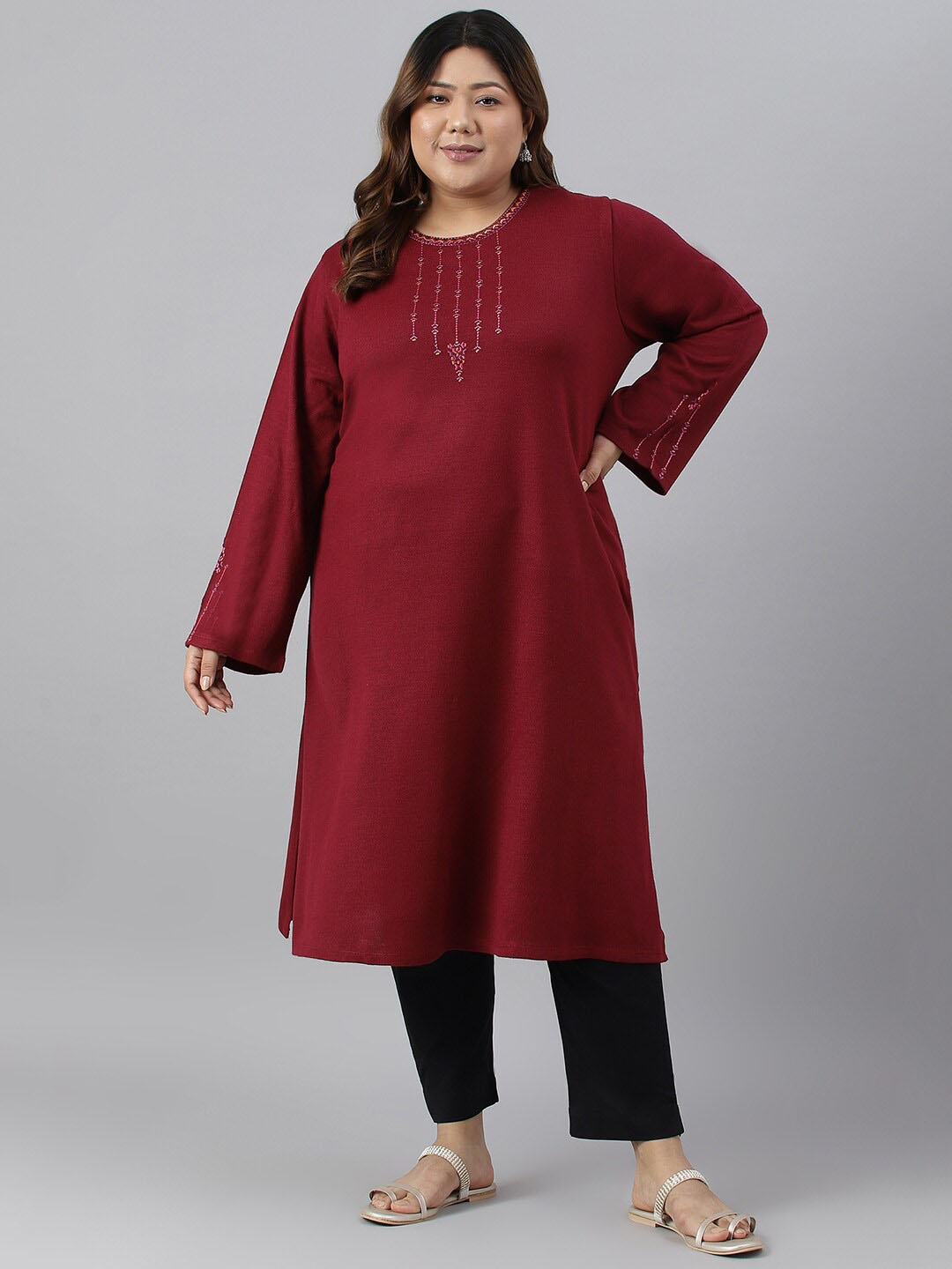 W Plus Size Round Neck Geometric Yoke Design Thread Work Acrylic Kurta, Maroon