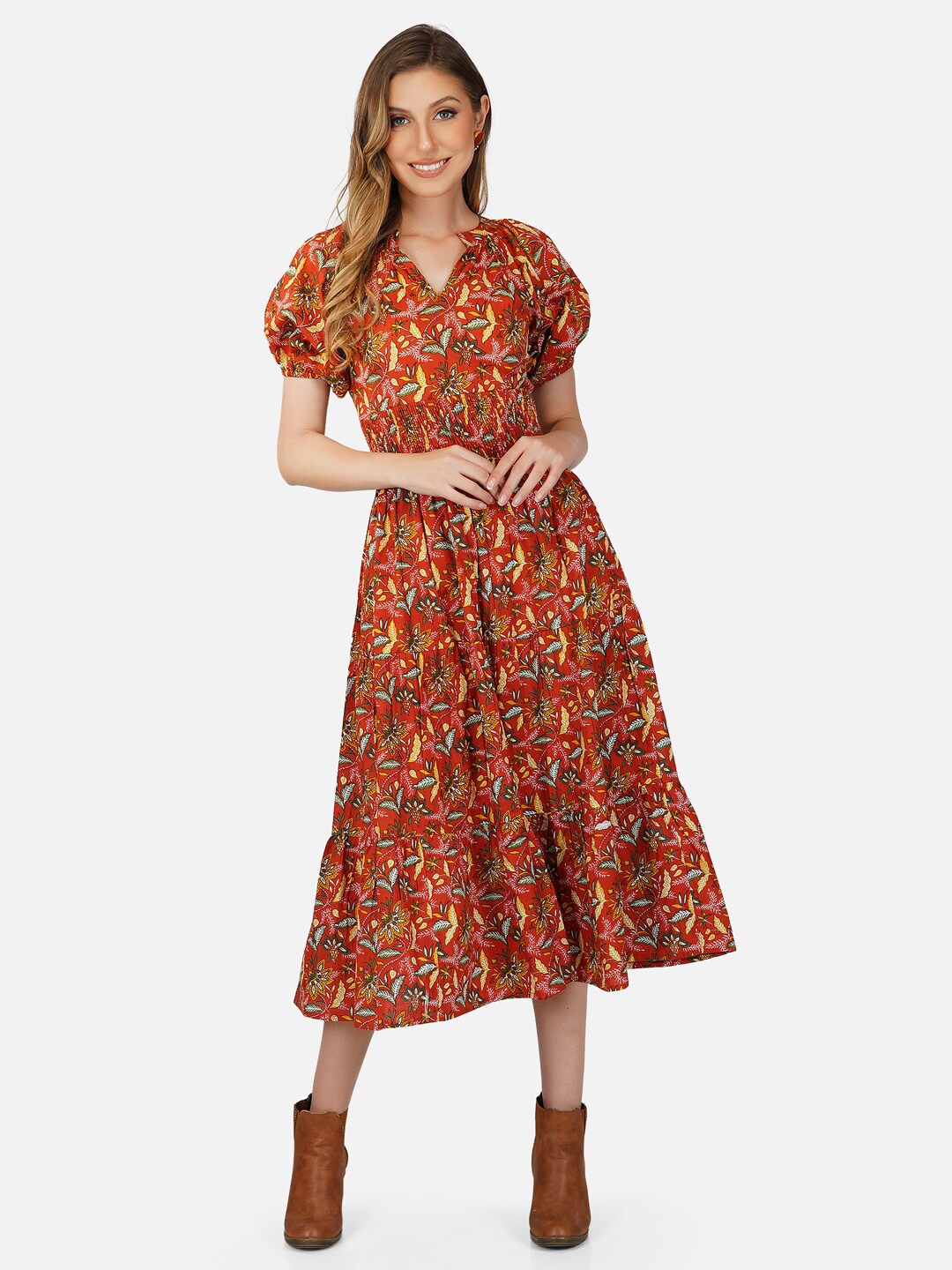 

Tinted Floral Crepe Cotton Midi Dress, Rust
