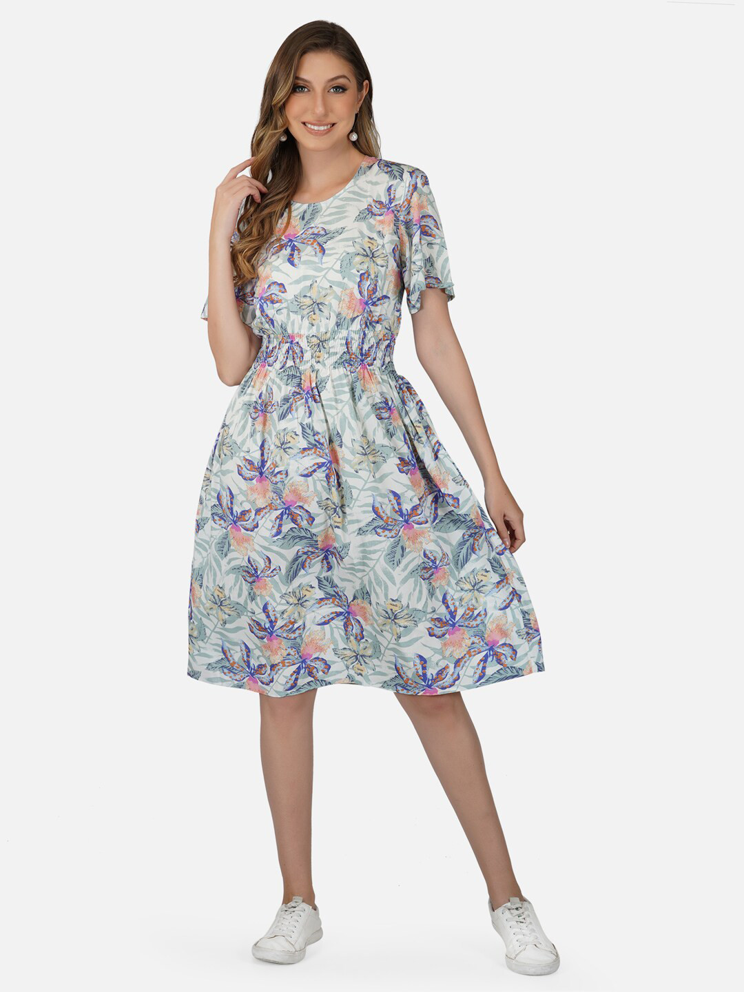 

Tinted Floral Printed Fit & Flared Dress, White