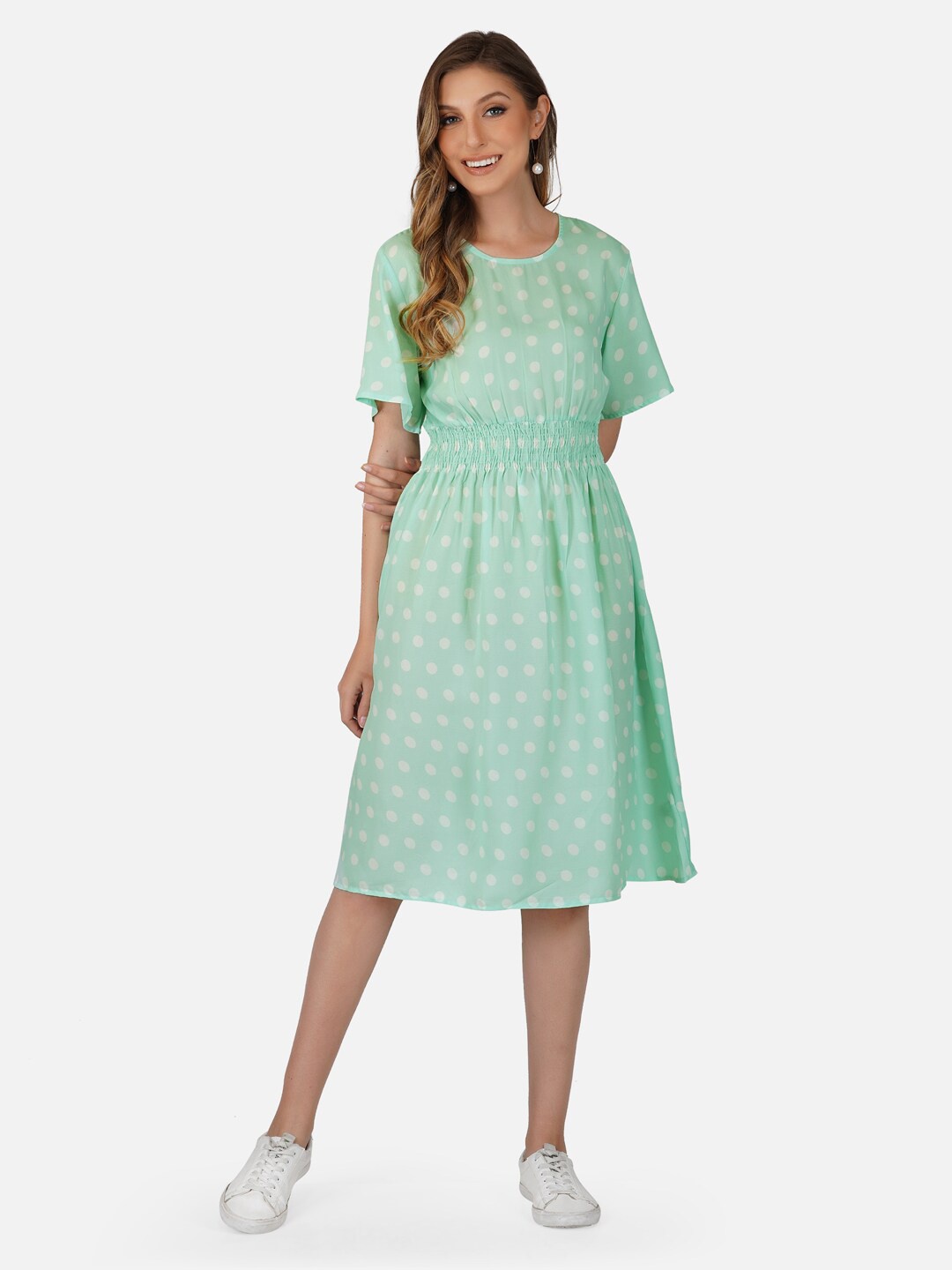 

Tinted Sea Green Round Neck Crepe Dress