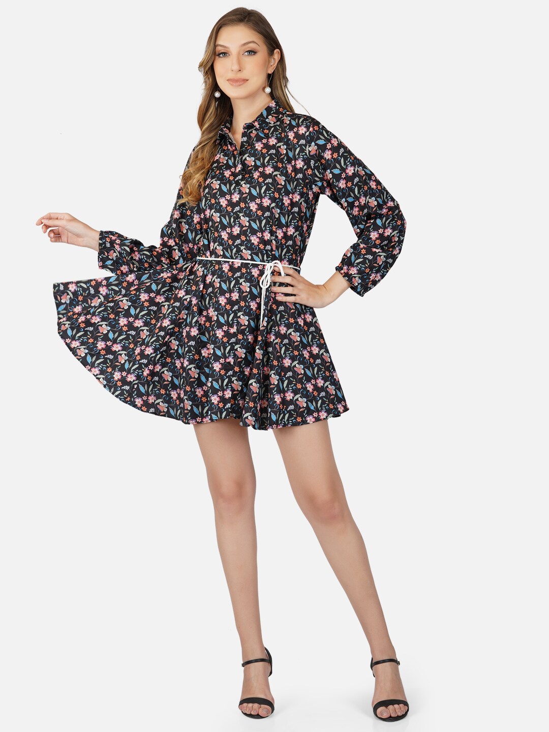 

Tinted Black Floral Printed Shirt Mini Dress