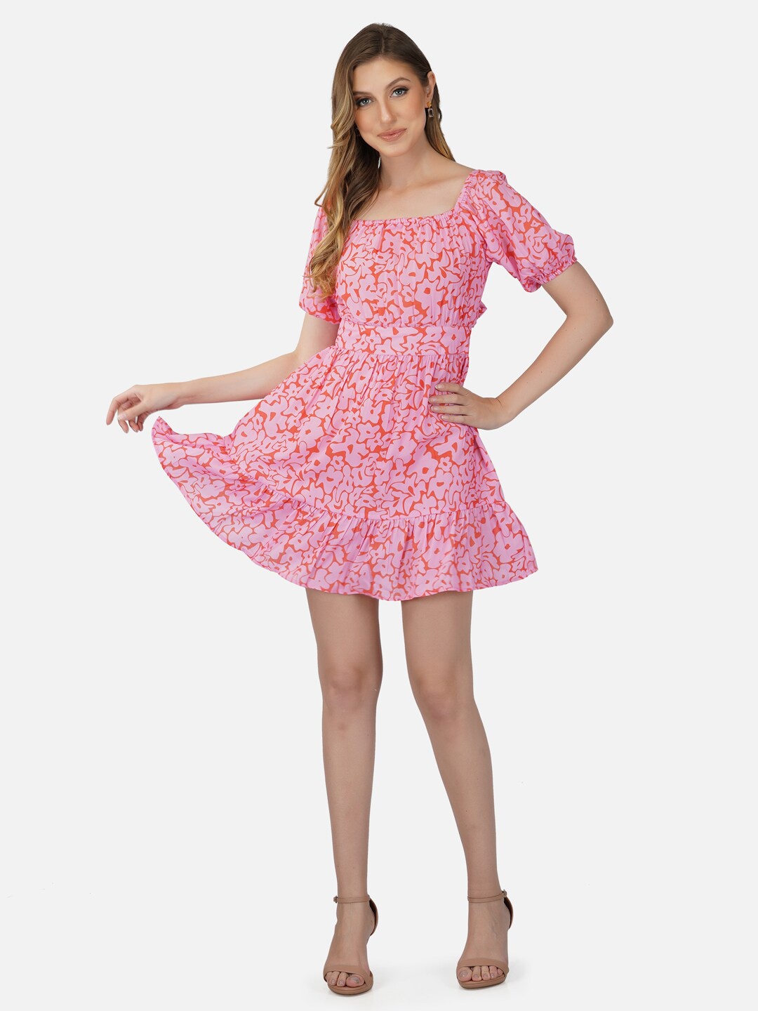 

Tinted Floral Printed Square Neck Fit & Flare Mini Dress, Pink