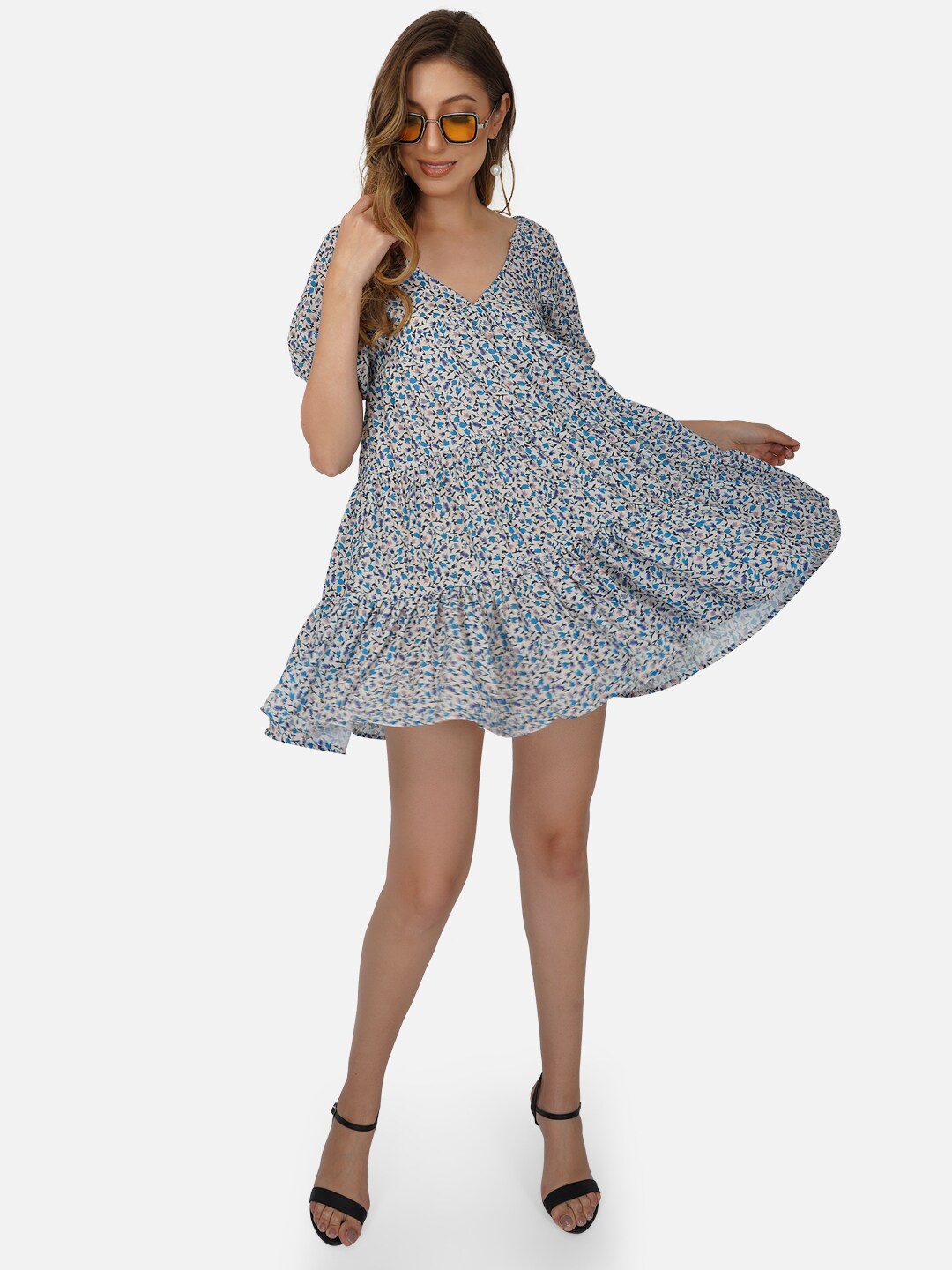 

Tinted Floral Printed A-Line Mini Dress, Off white