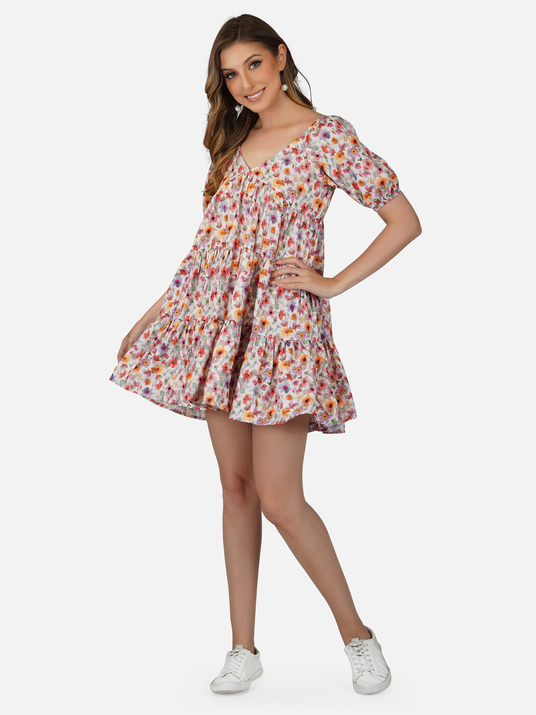

Tinted Floral Printed A-Line Mini Dress, Beige
