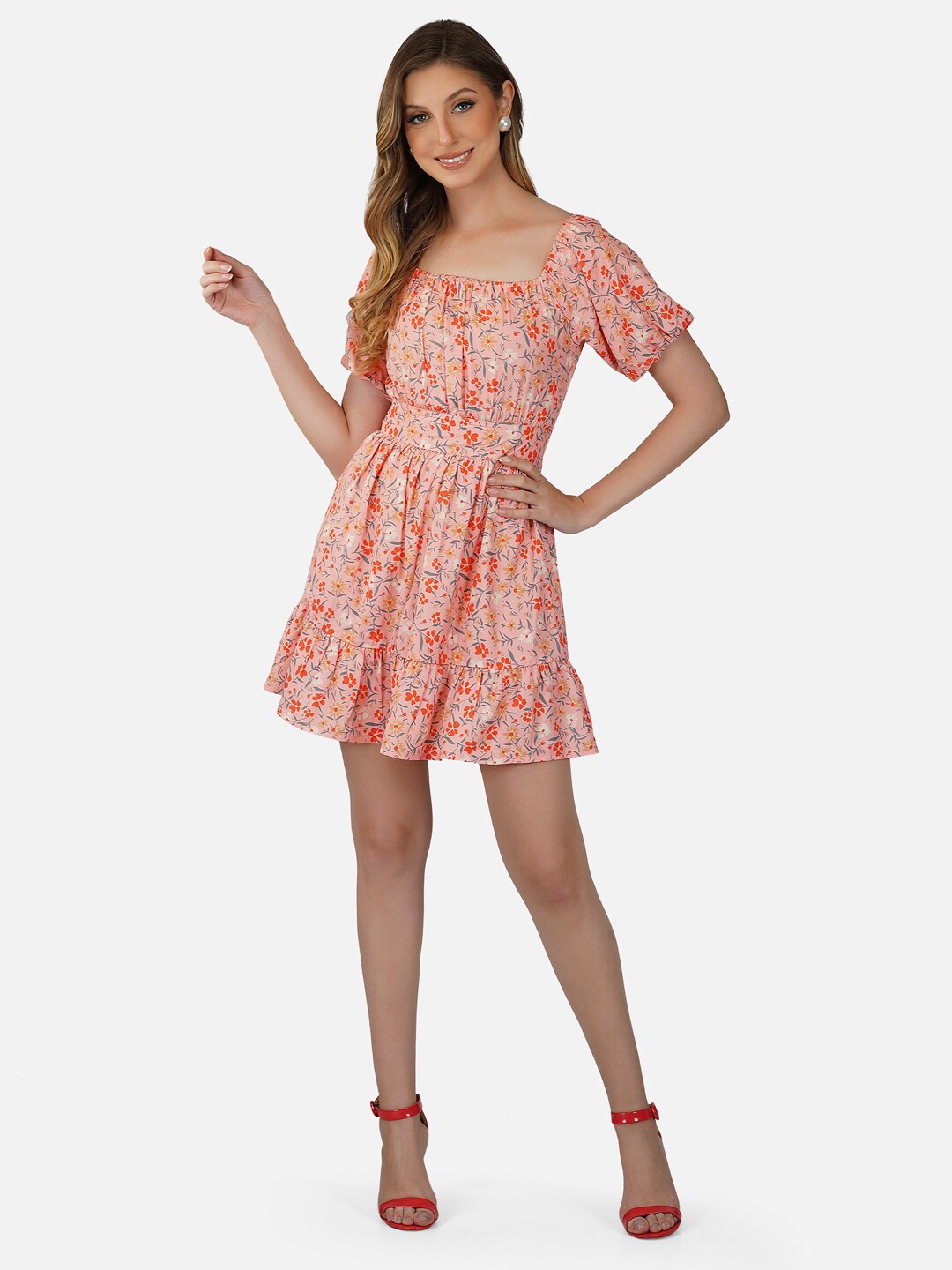 

Tinted Floral Gathered Dress, Peach