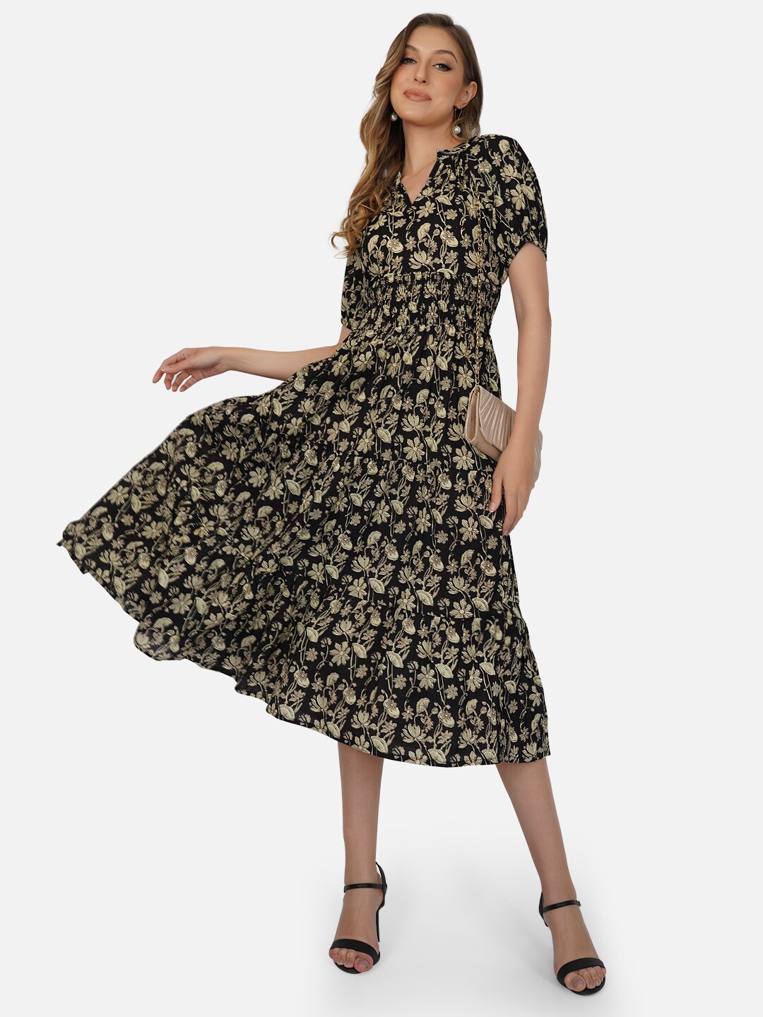 

Tinted Floral Crepe Midi Cotton Dress, Black