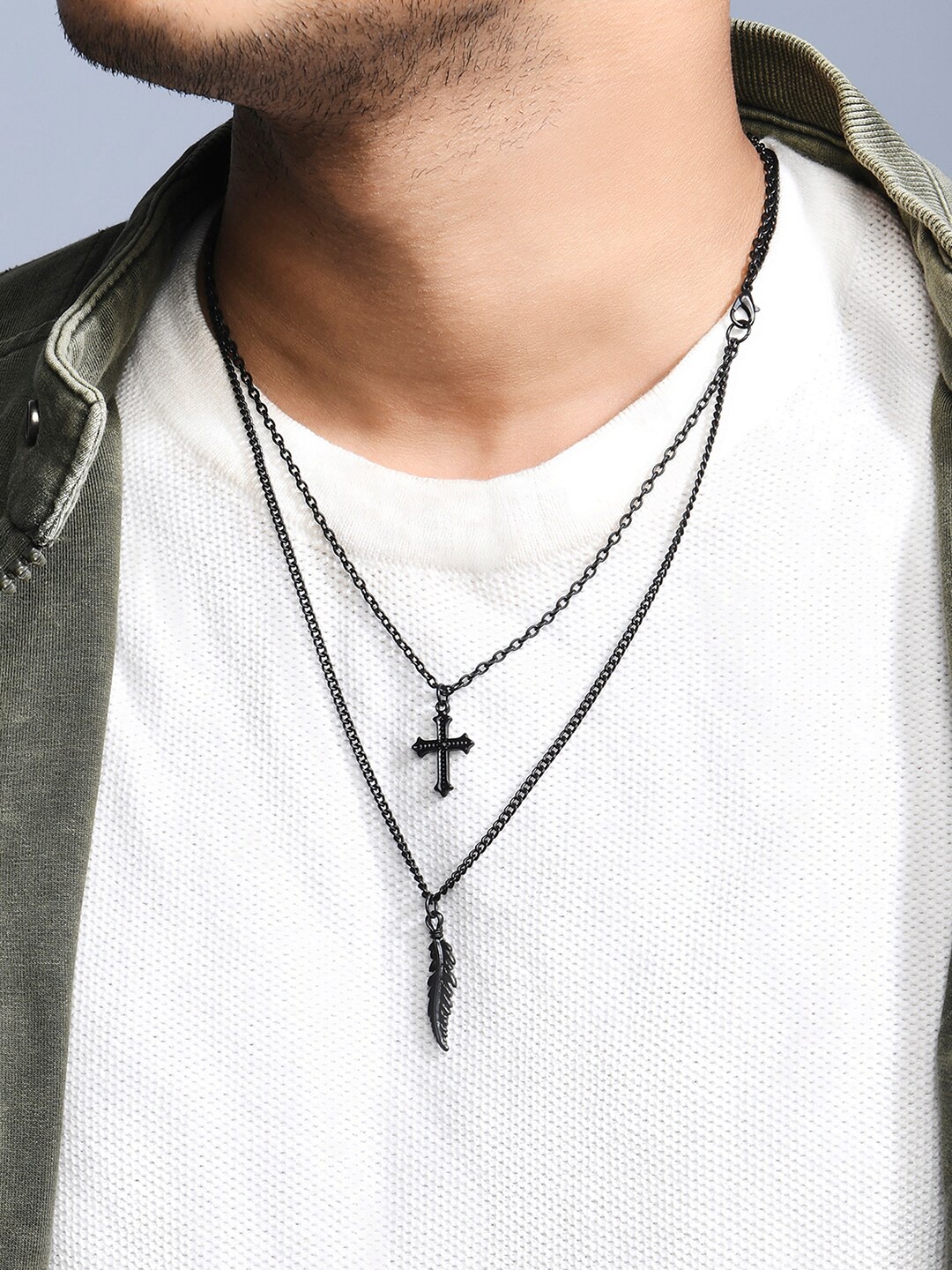 

The Bro Code Men Black Silver-Plated Layered Necklace