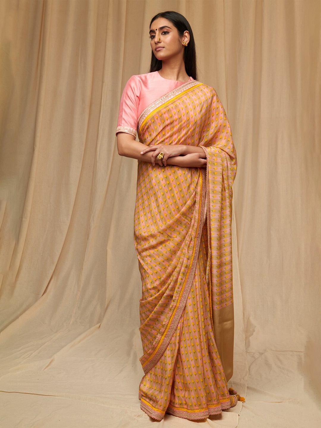 

Masaba Beige & Pink Striped Pure Crepe Saree